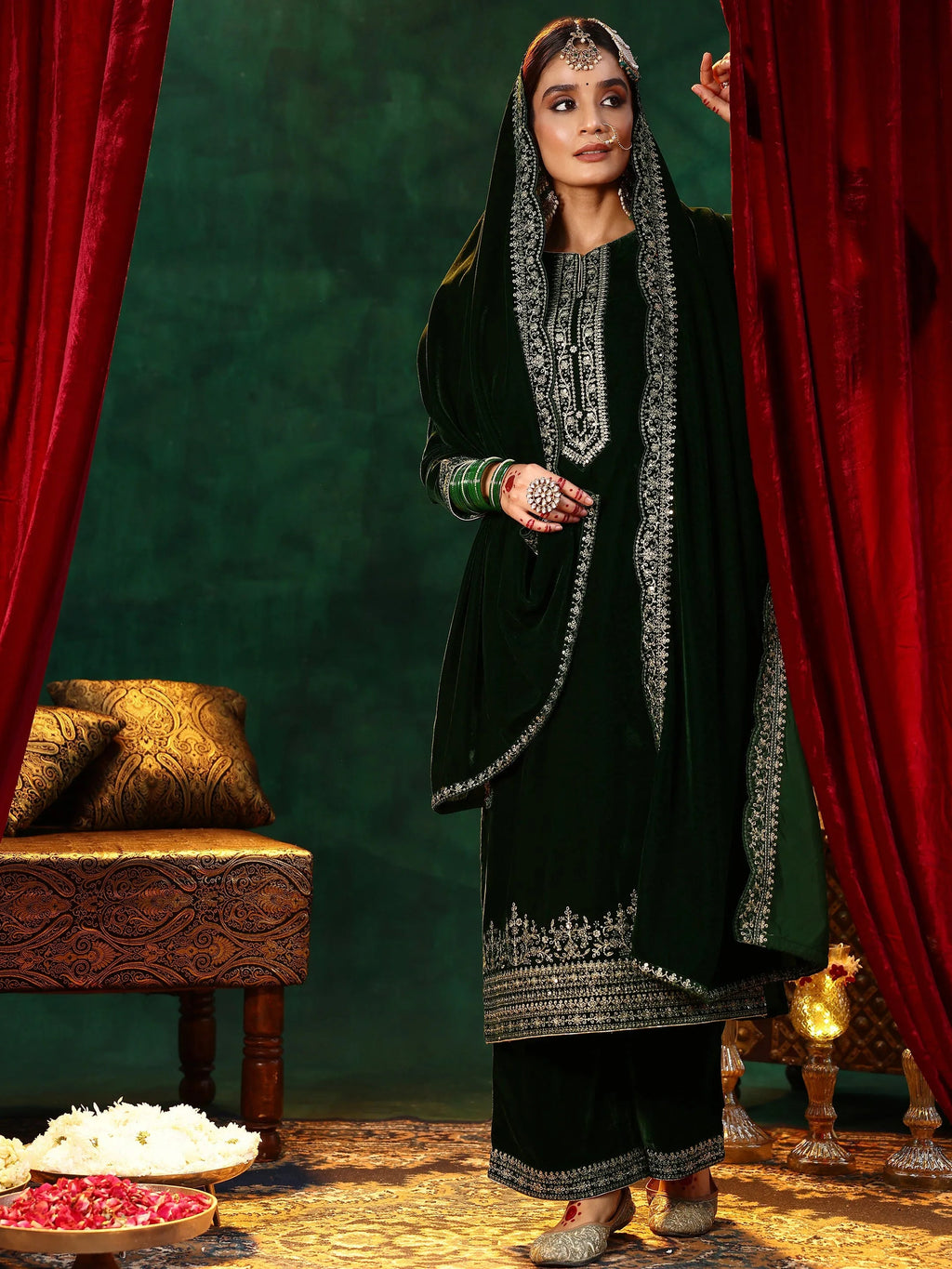 Green Embroidered Velvet Straight Suit With Dupatta