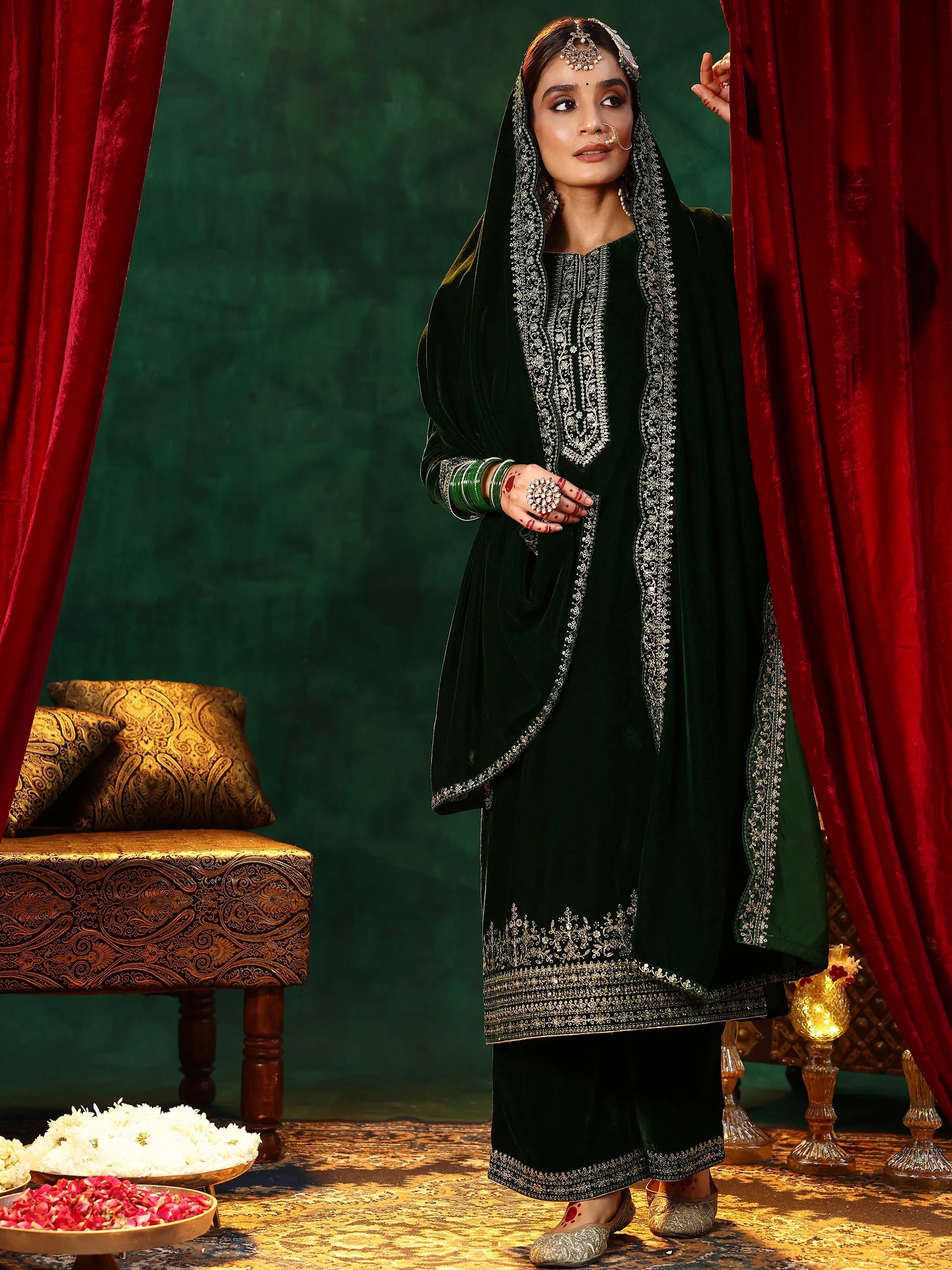 Green Embroidered Velvet Straight Suit With Dupatta