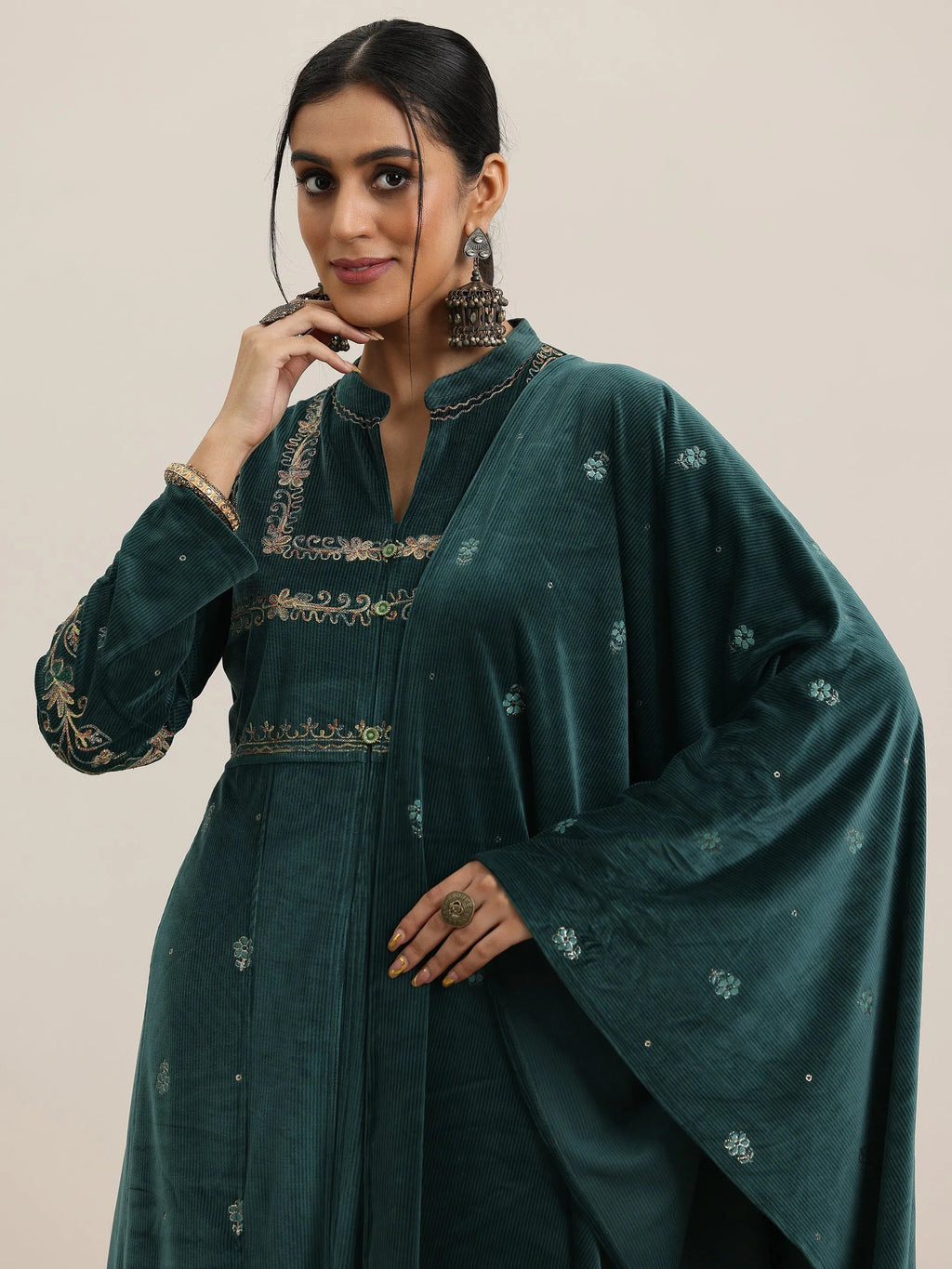 Green Embroidered Velvet A-Line Kurta With Trousers & Dupatta