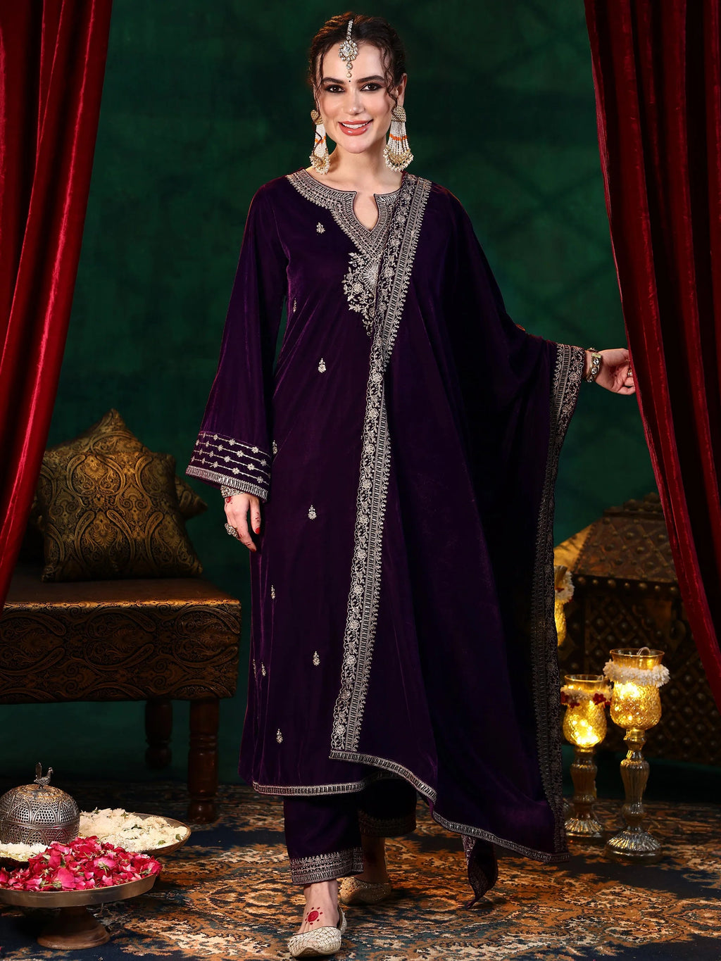Burgundy Embroidered Velvet Straight Suit With Dupatta