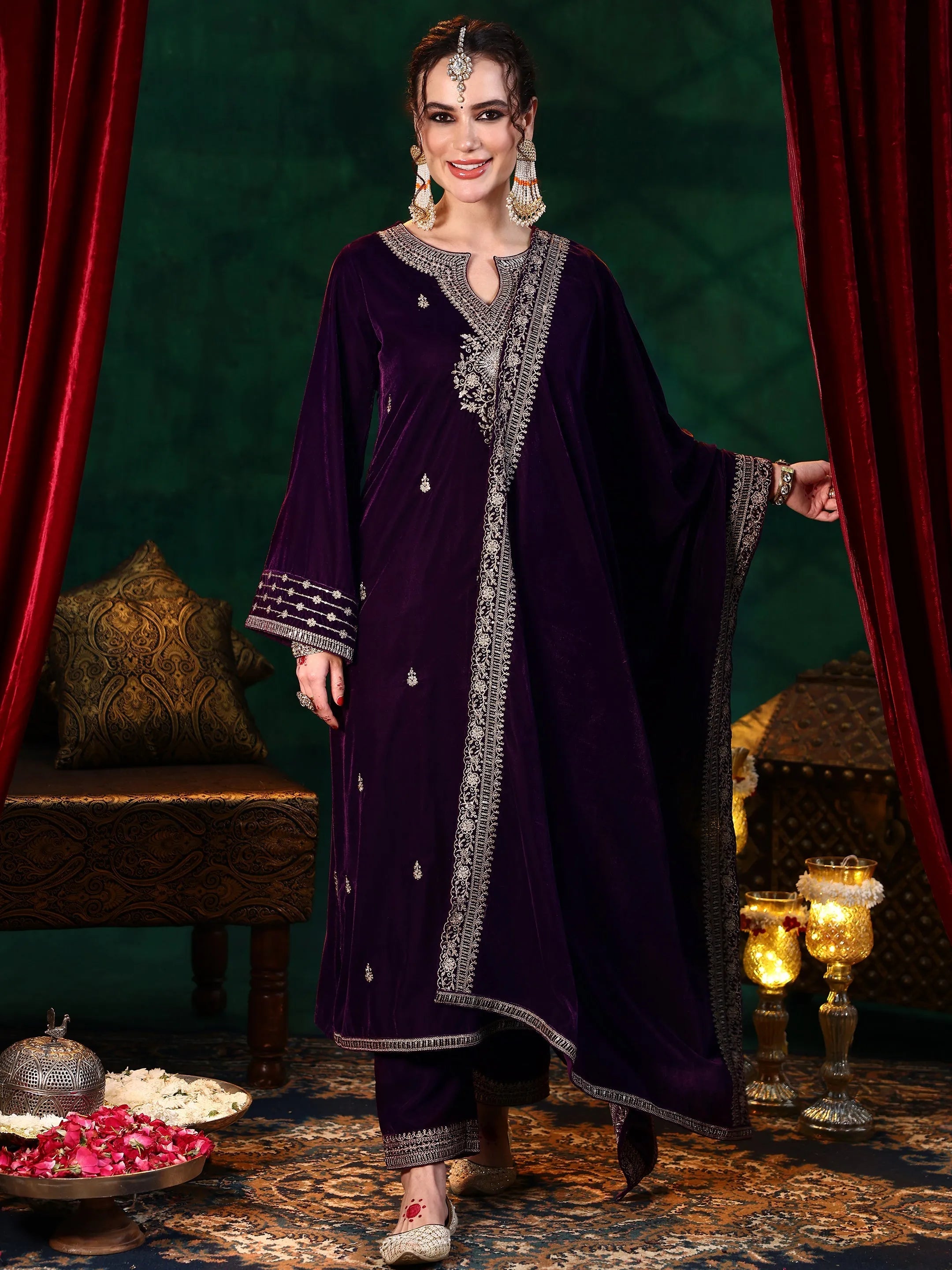 Burgundy Embroidered Velvet Straight Suit With Dupatta