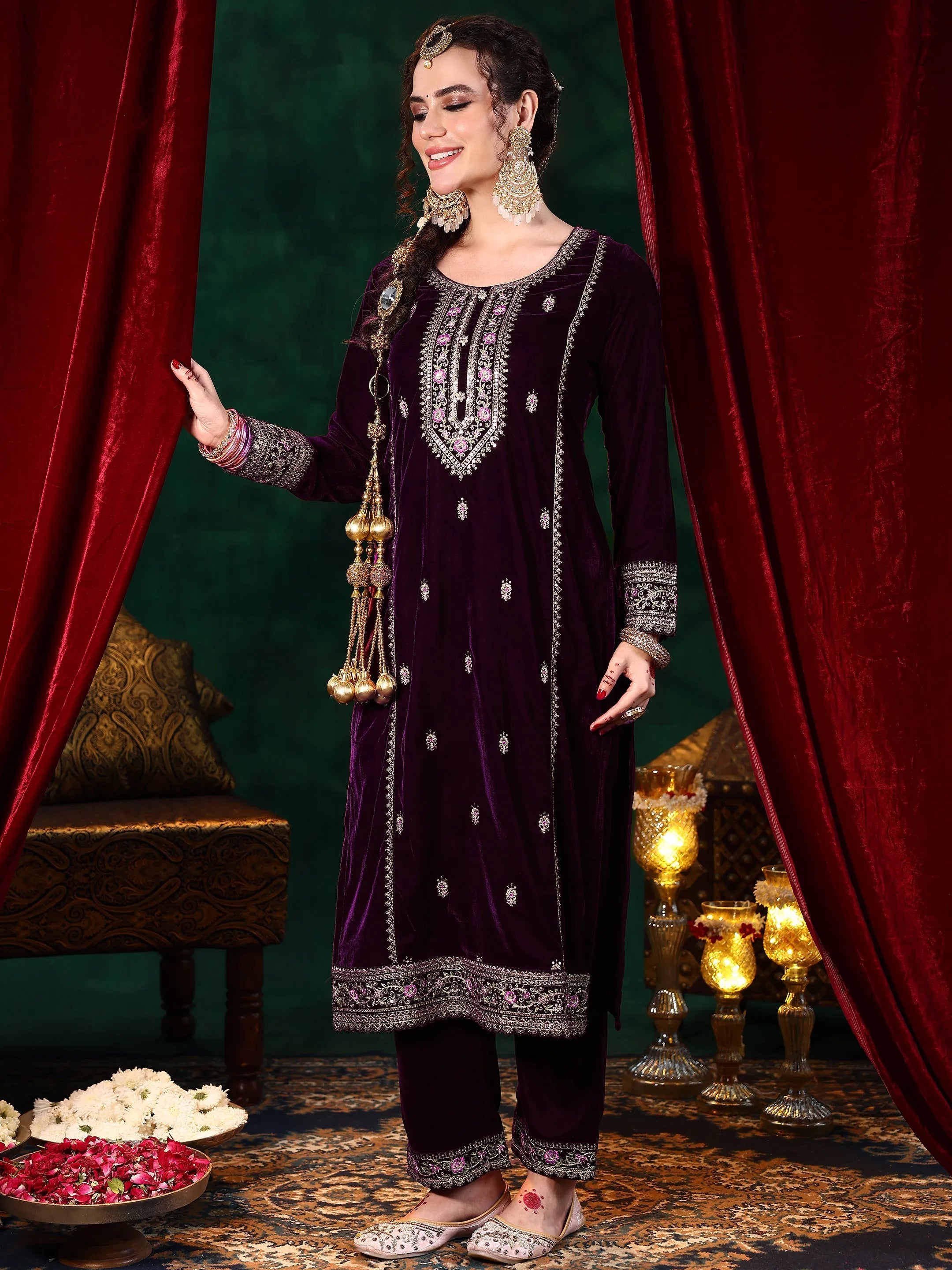 Burgundy Embroidered Velvet Straight Suit With Dupatta