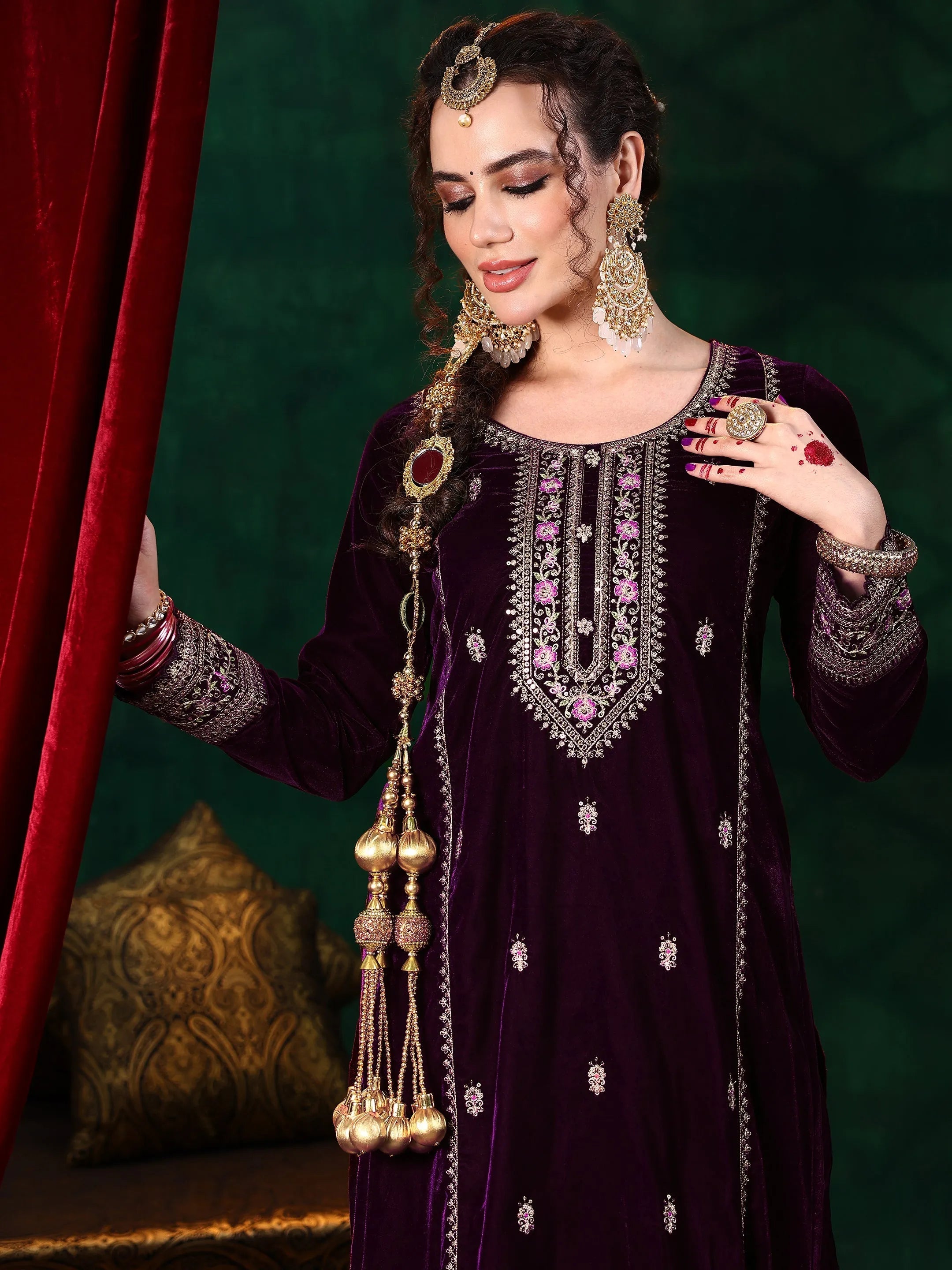 Burgundy Embroidered Velvet Straight Suit With Dupatta