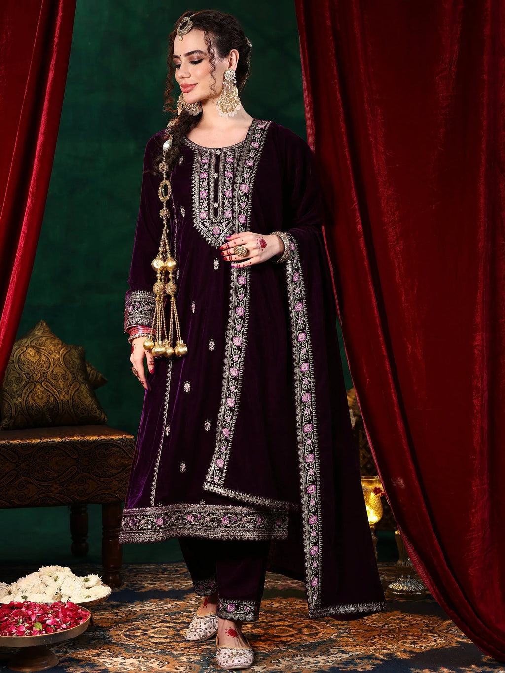 Burgundy Embroidered Velvet Straight Suit With Dupatta