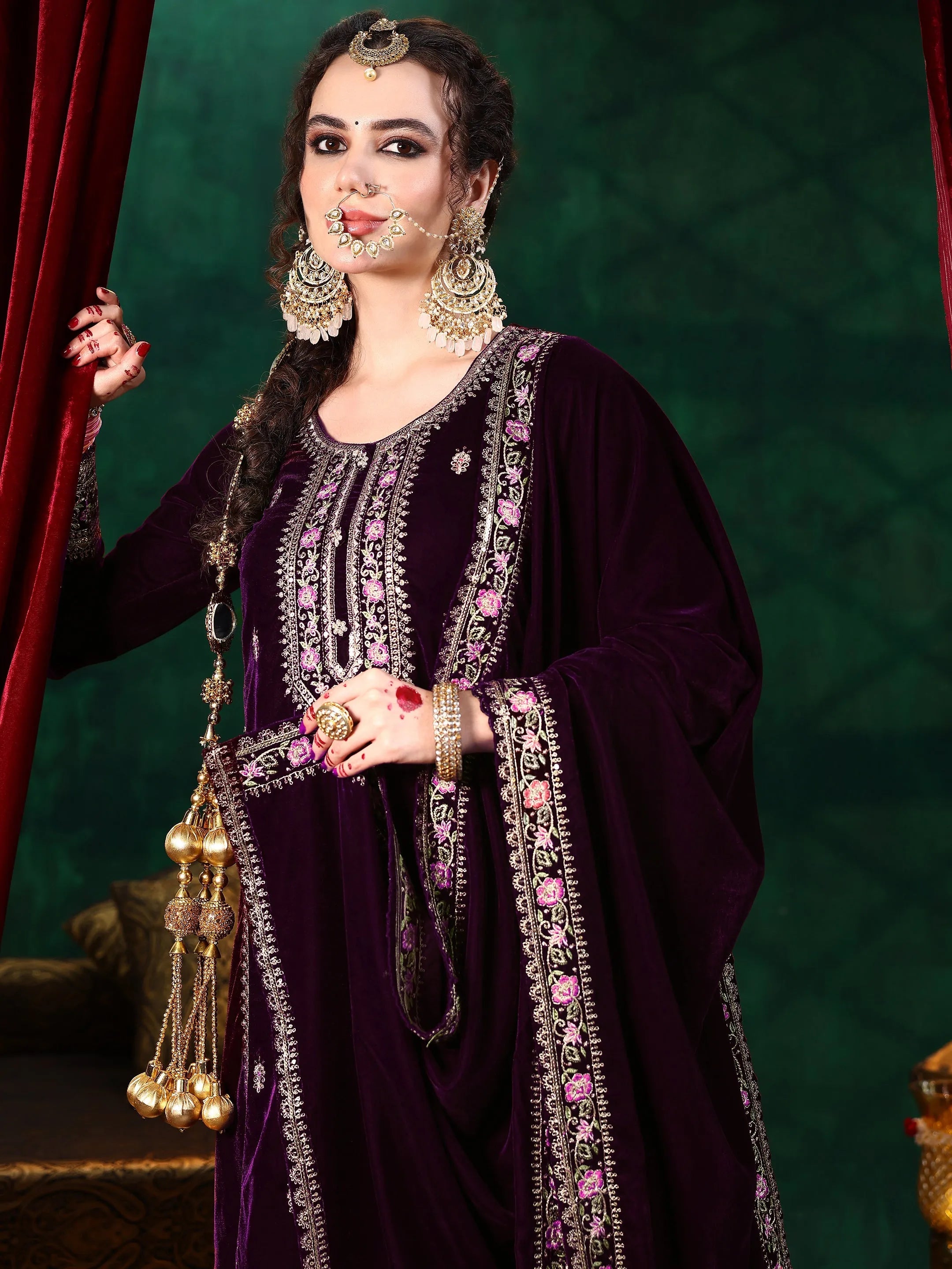 Burgundy Embroidered Velvet Straight Suit With Dupatta