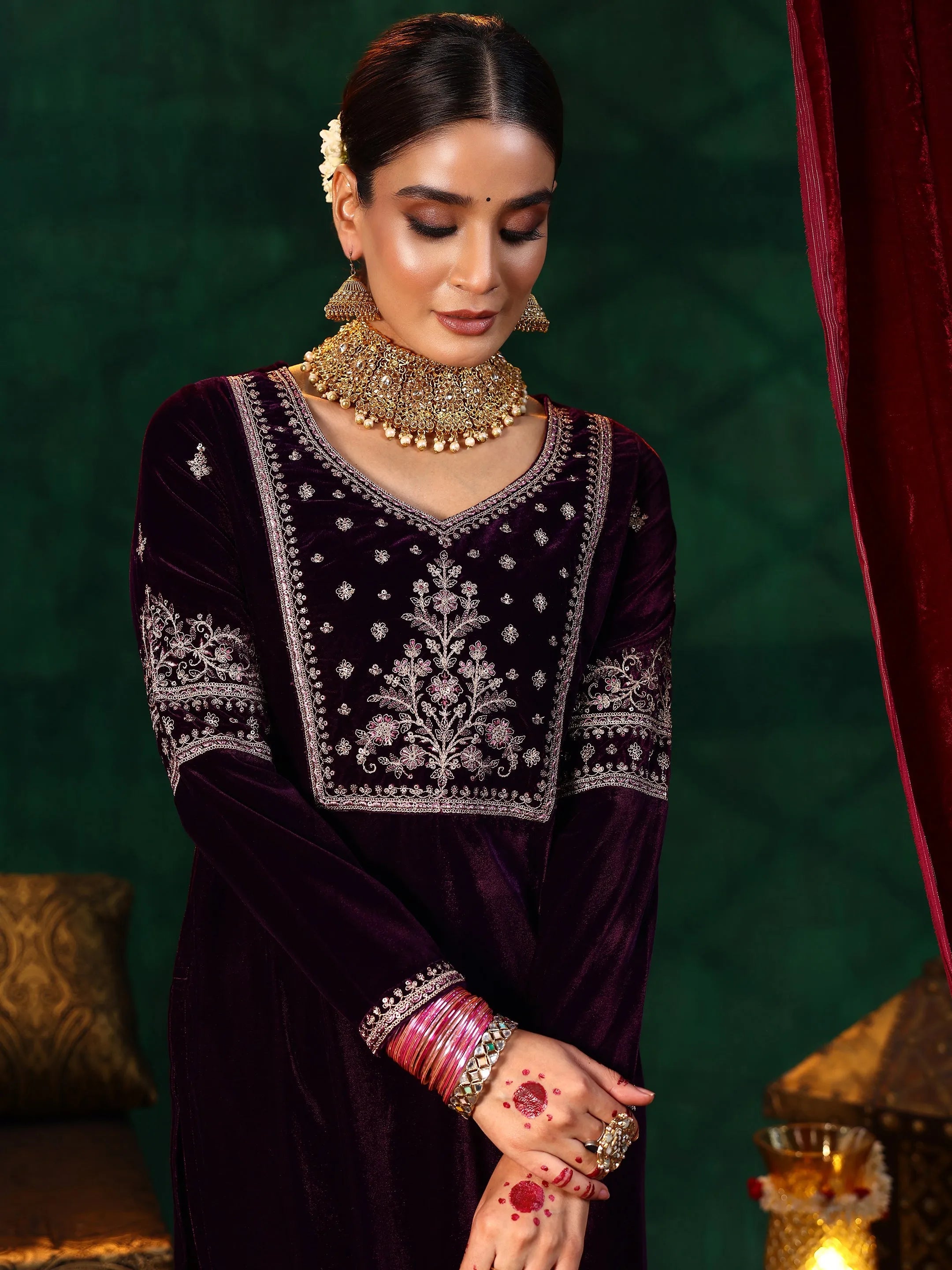 Burgundy Yoke Design Velvet Straight Suit With Dupatta