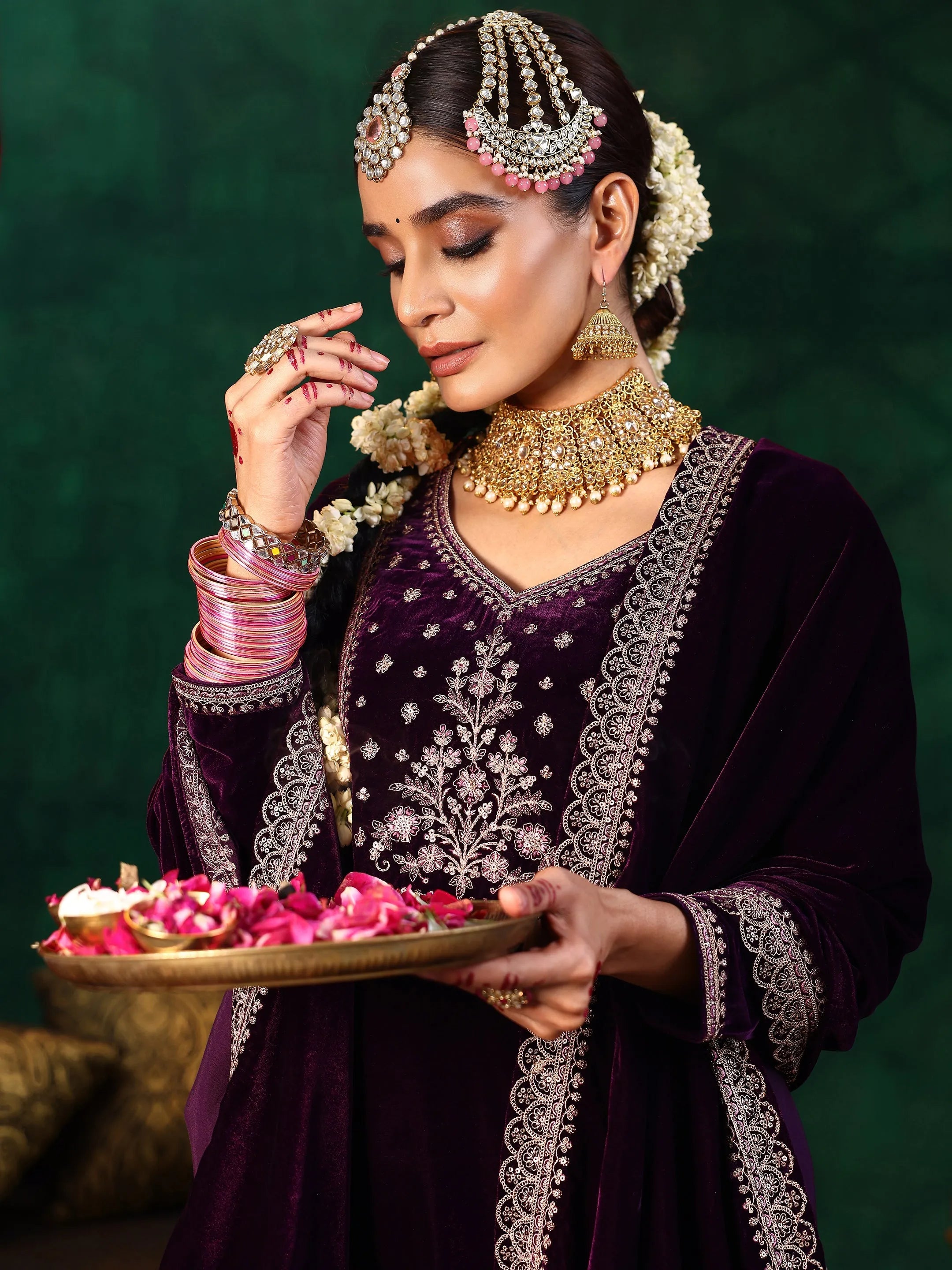 Burgundy Yoke Design Velvet Straight Suit With Dupatta