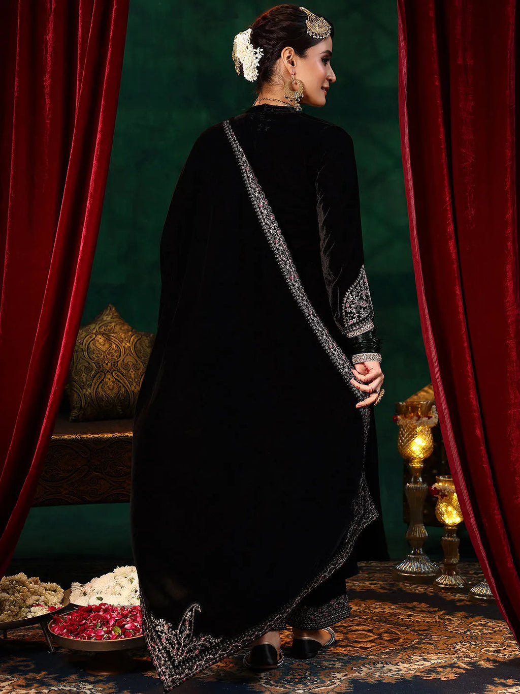 Black Yoke Design Velvet Straight Suit With Dupatta
