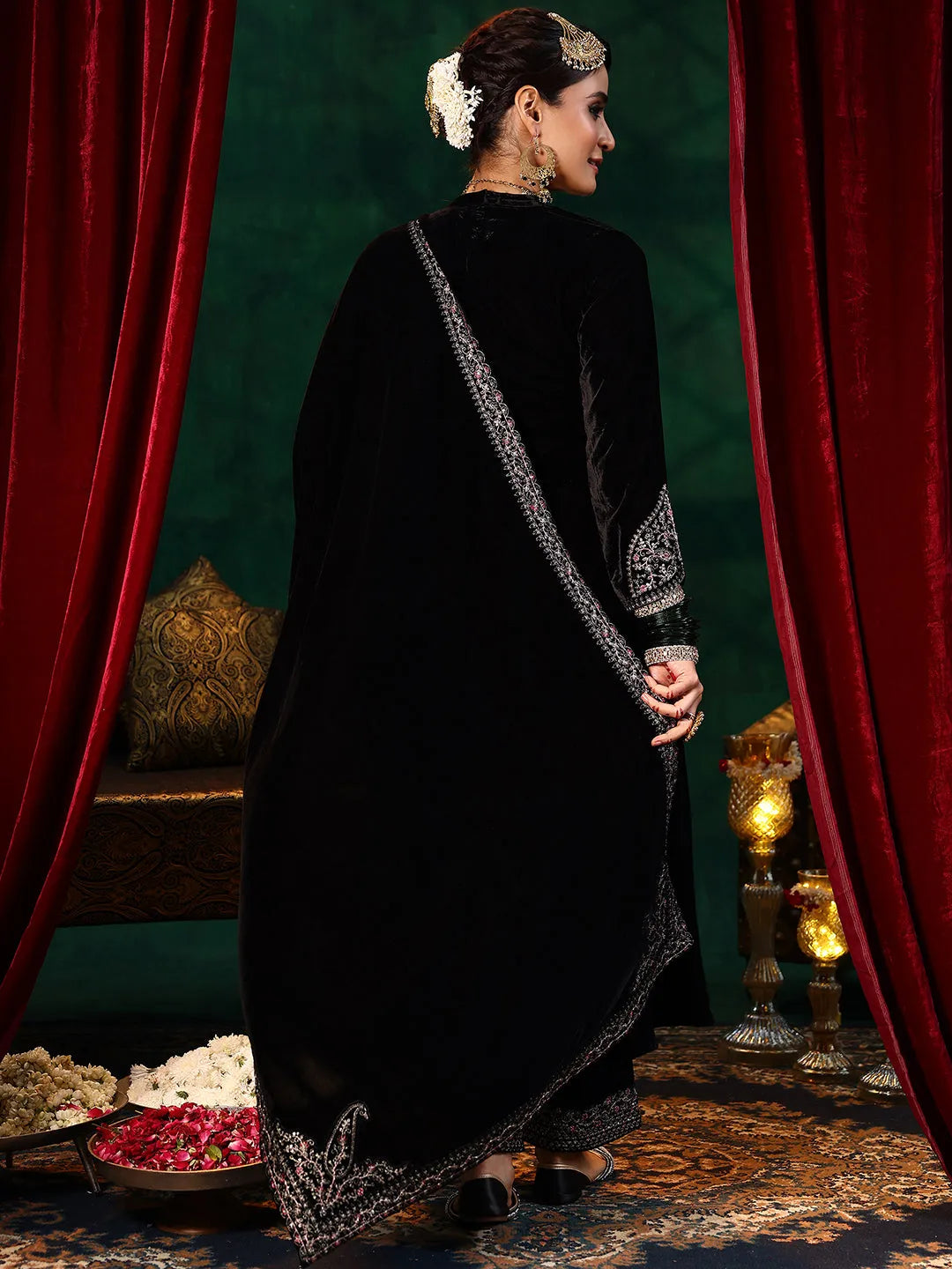 Black Yoke Design Velvet Straight Suit With Dupatta
