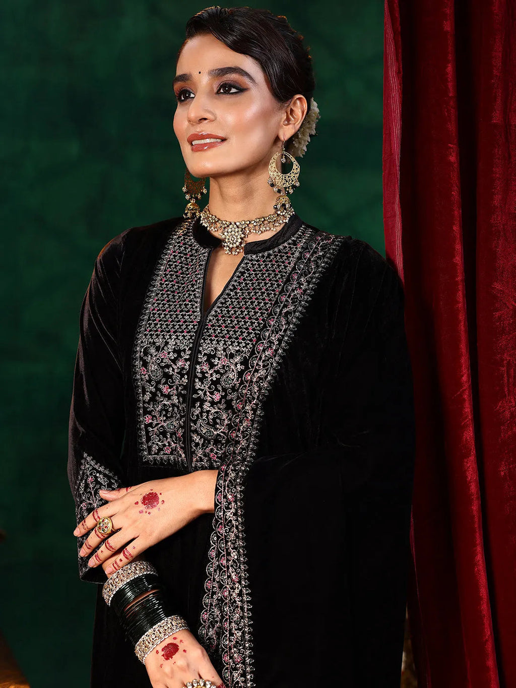 Black Yoke Design Velvet Straight Suit With Dupatta