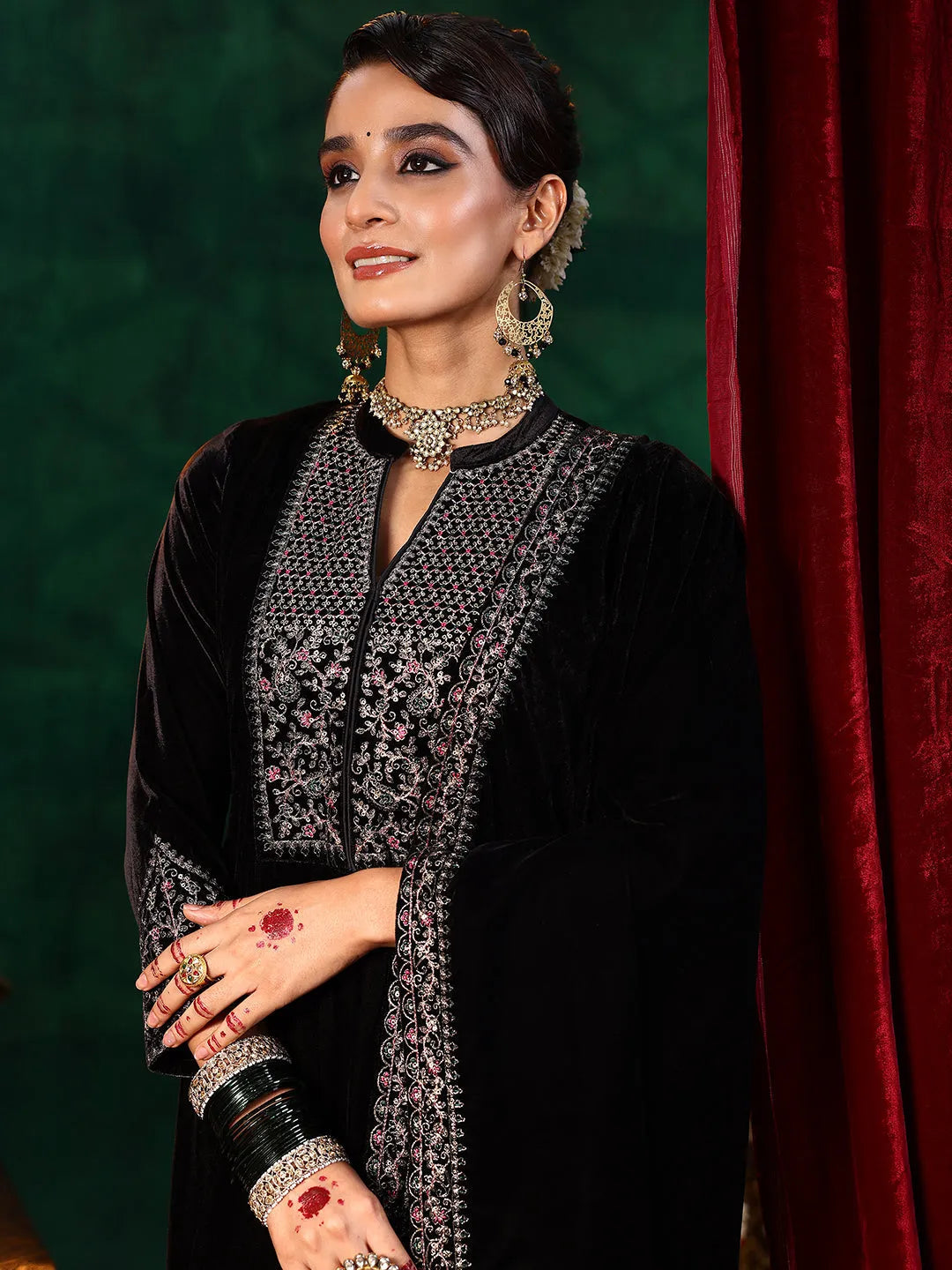 Black Yoke Design Velvet Straight Suit With Dupatta