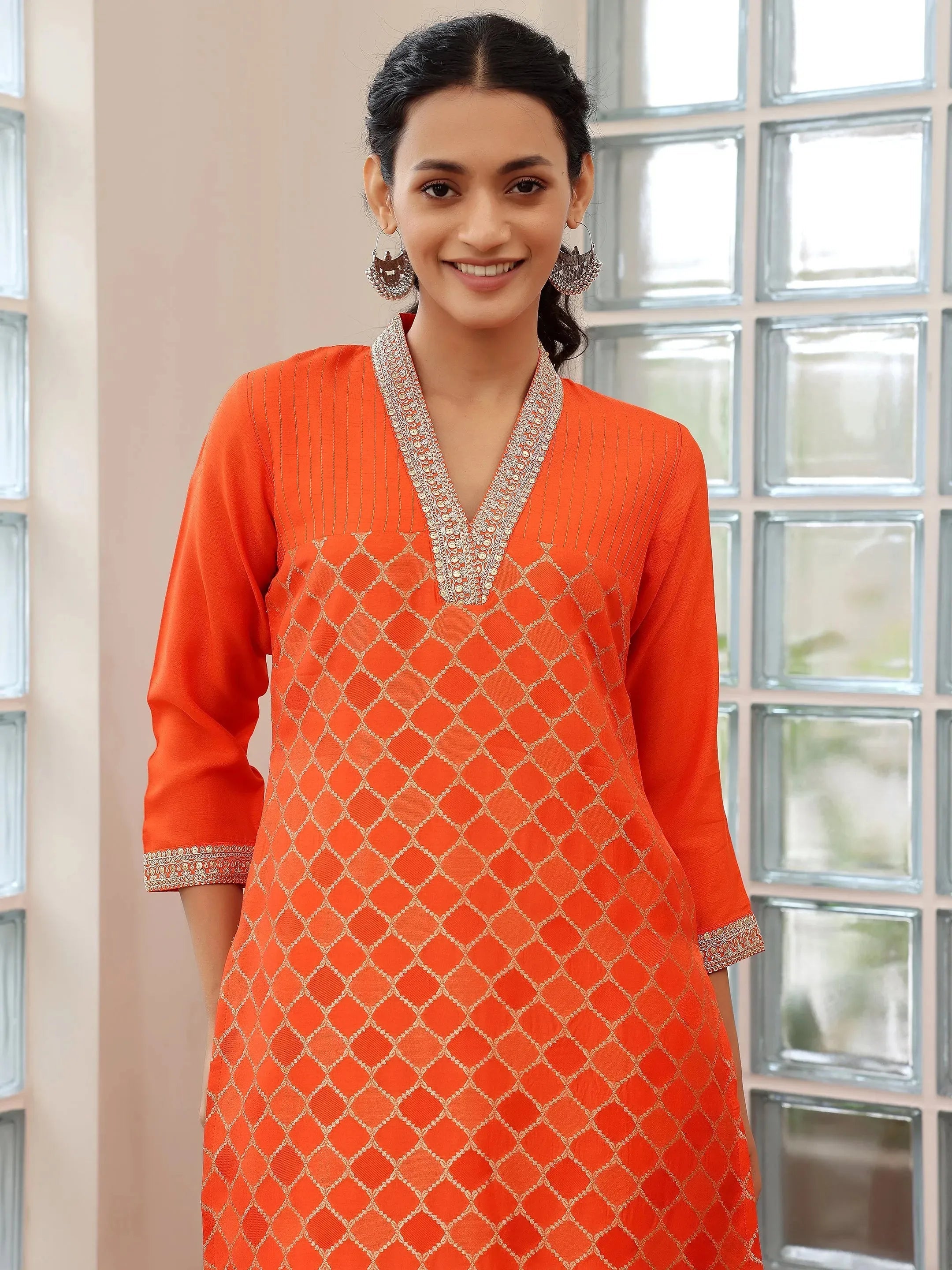 Orange Woven Design Silk Blend Straight Suit With Dupatta