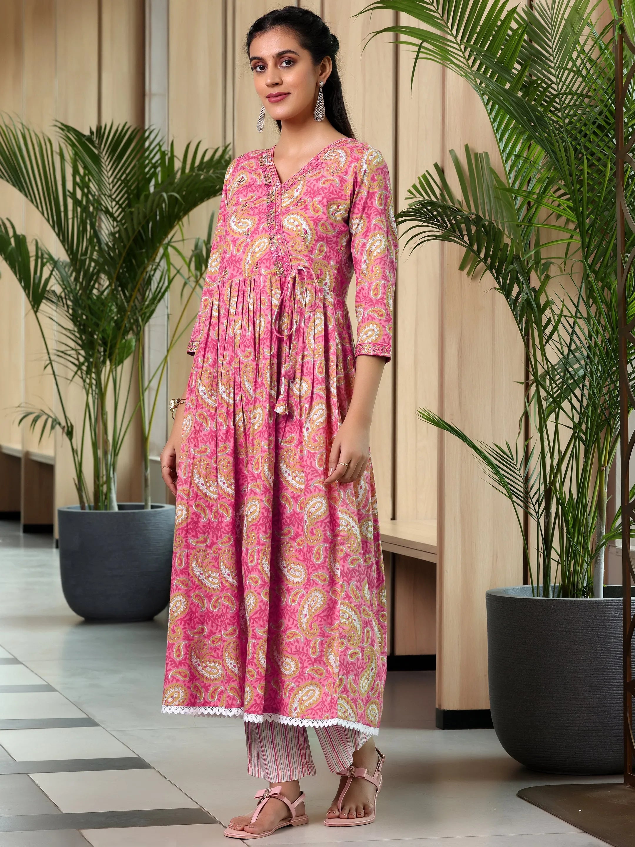 Pink Printed Cotton Anarkali Suit With Dupatta