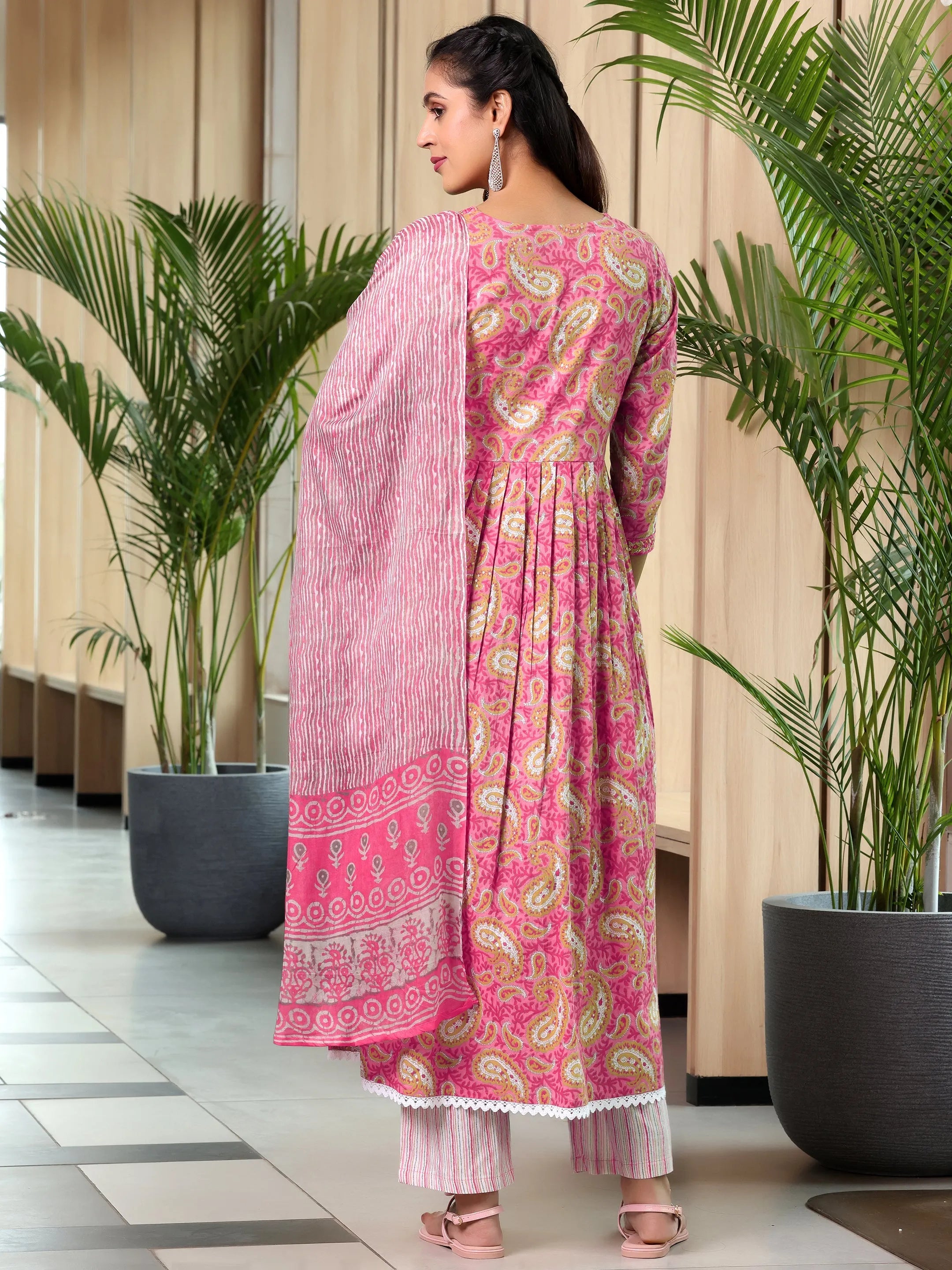 Pink Printed Cotton Anarkali Suit With Dupatta