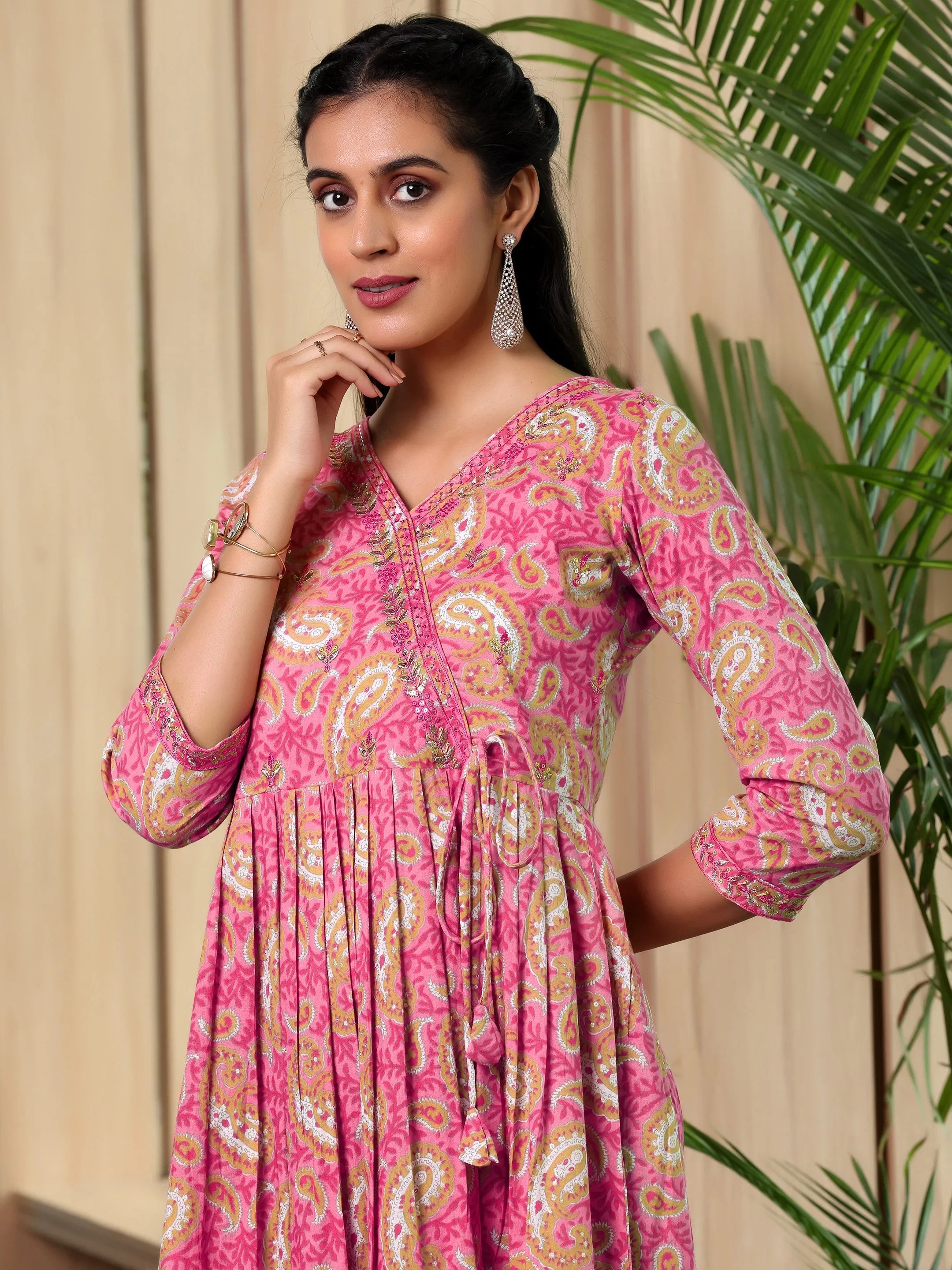 Pink Printed Cotton Anarkali Suit With Dupatta