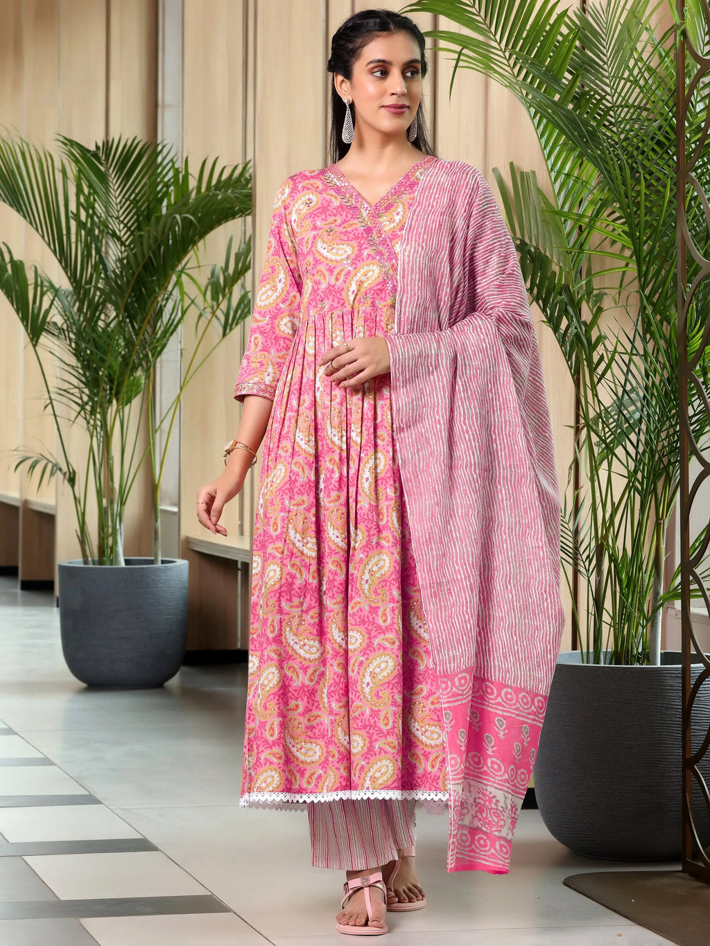 Pink Printed Cotton Anarkali Suit With Dupatta