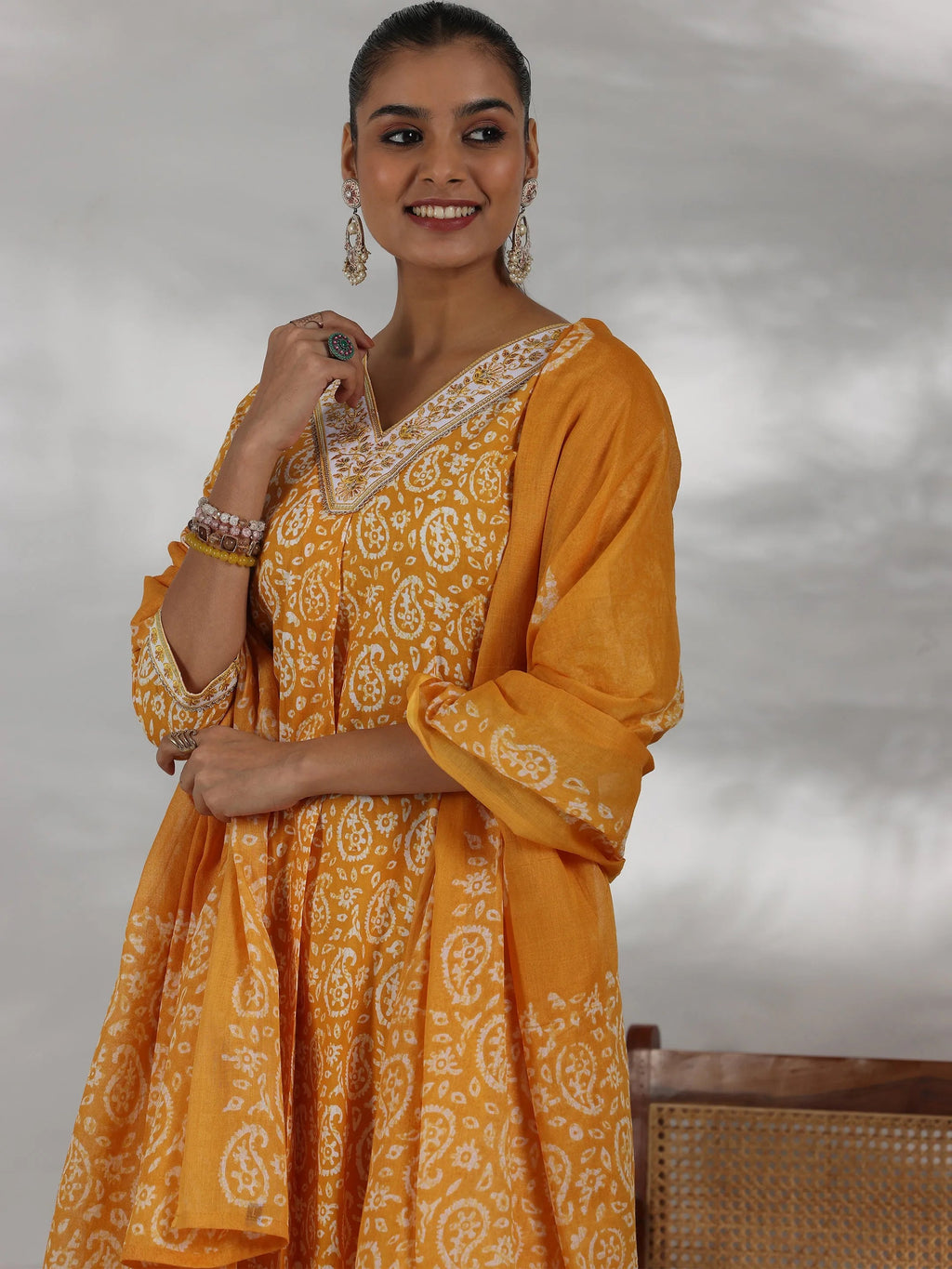 Mustard Printed Cotton Straight Suit With Dupatta