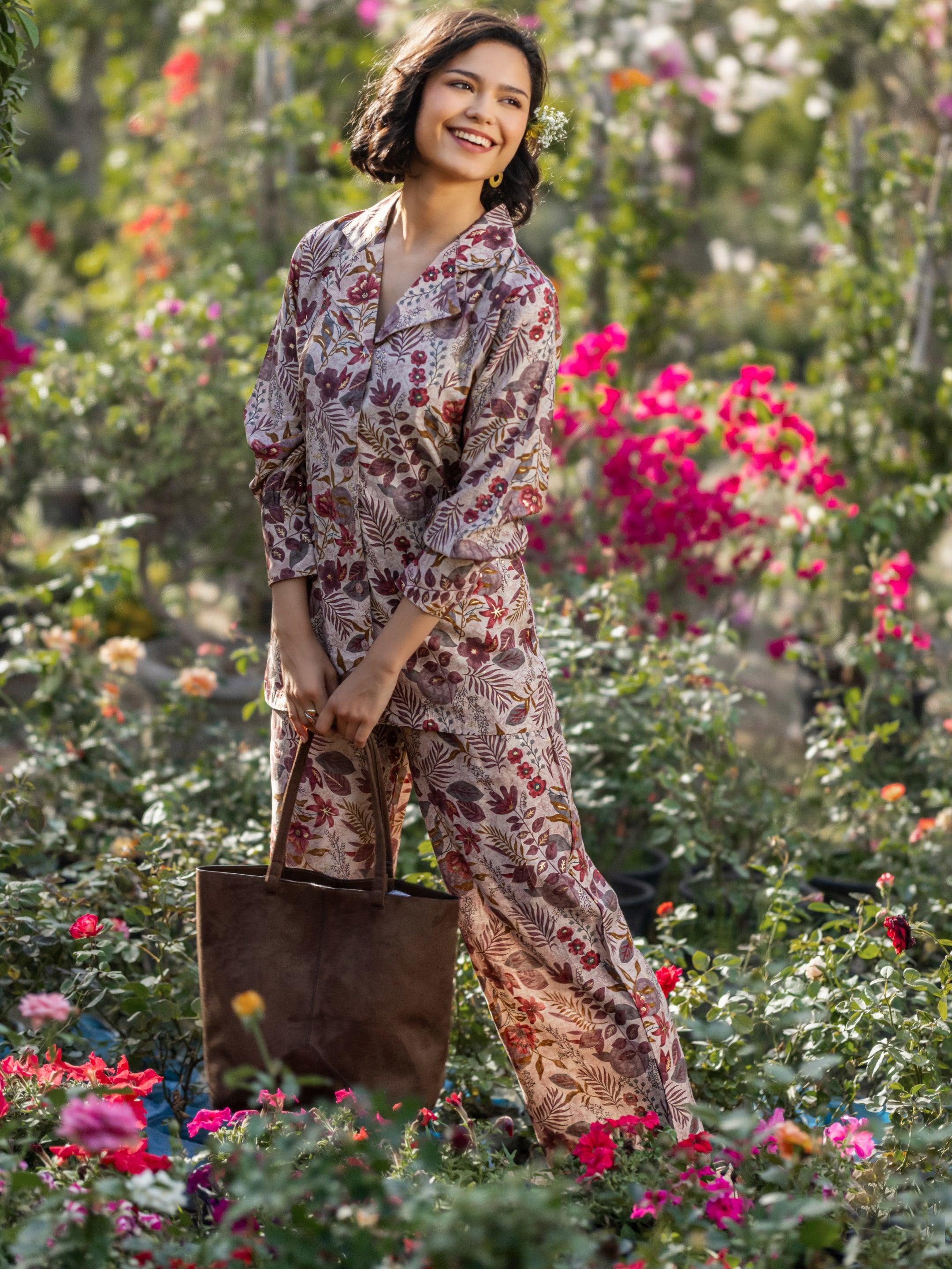 Off White Printed Silk Blend Co-Ords