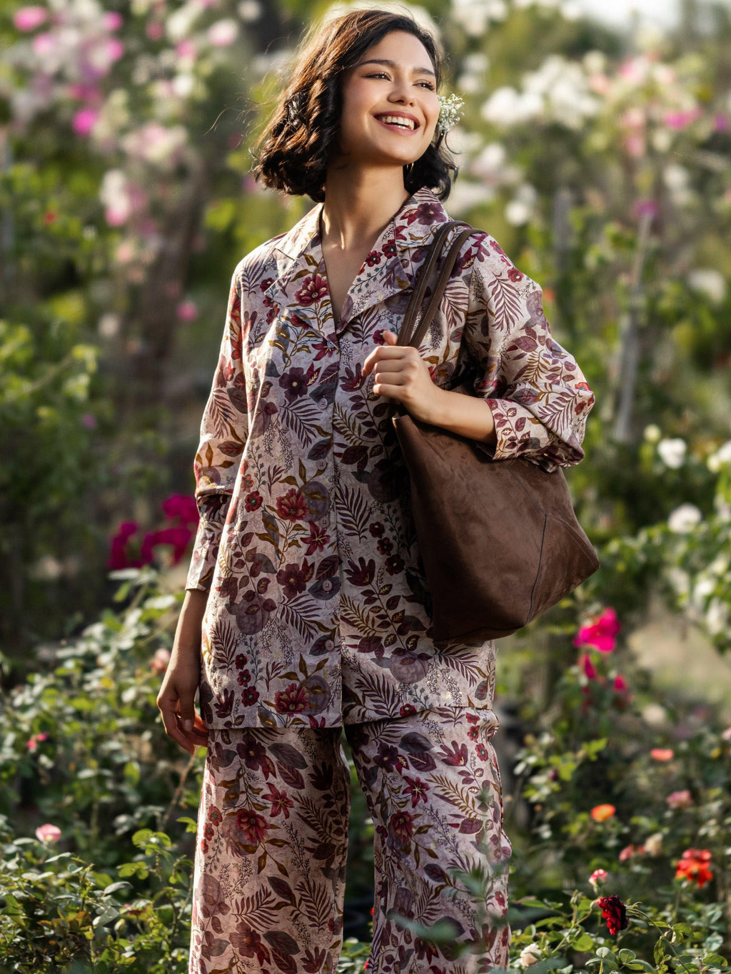 Off White Printed Silk Blend Co-Ords