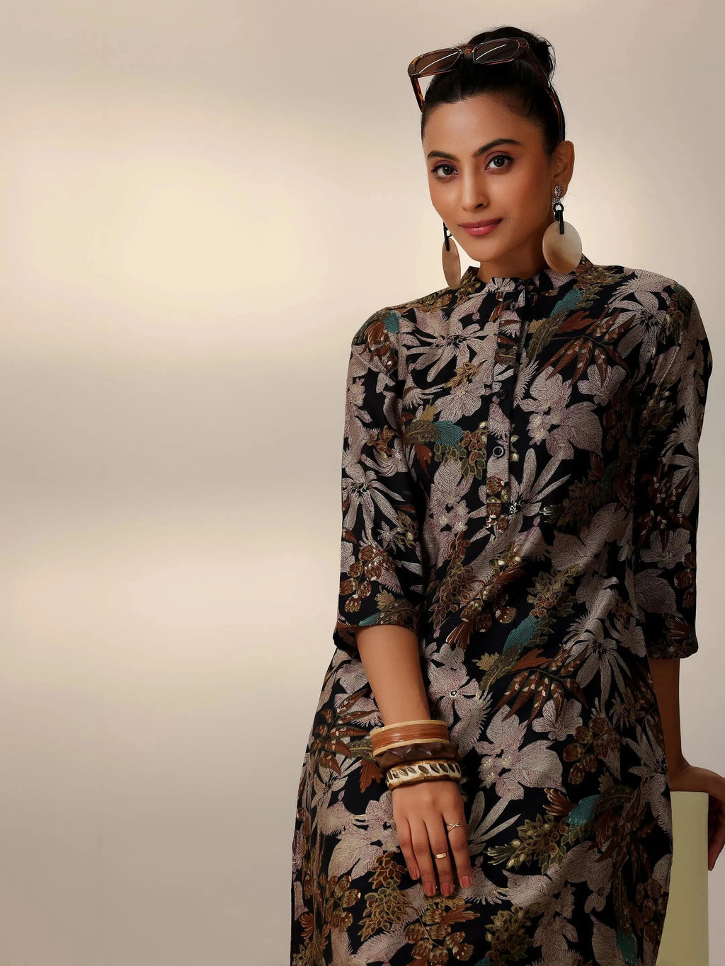 Black Printed Silk Blend Co-Ords