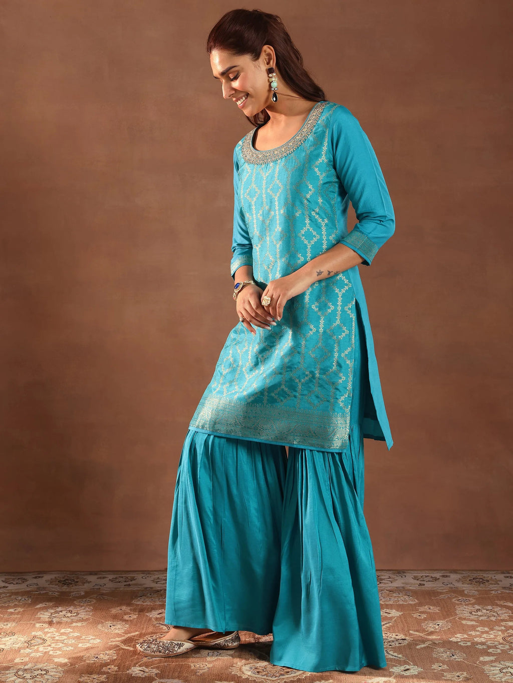 Green Woven Design Silk Blend Straight Suit With Dupatta