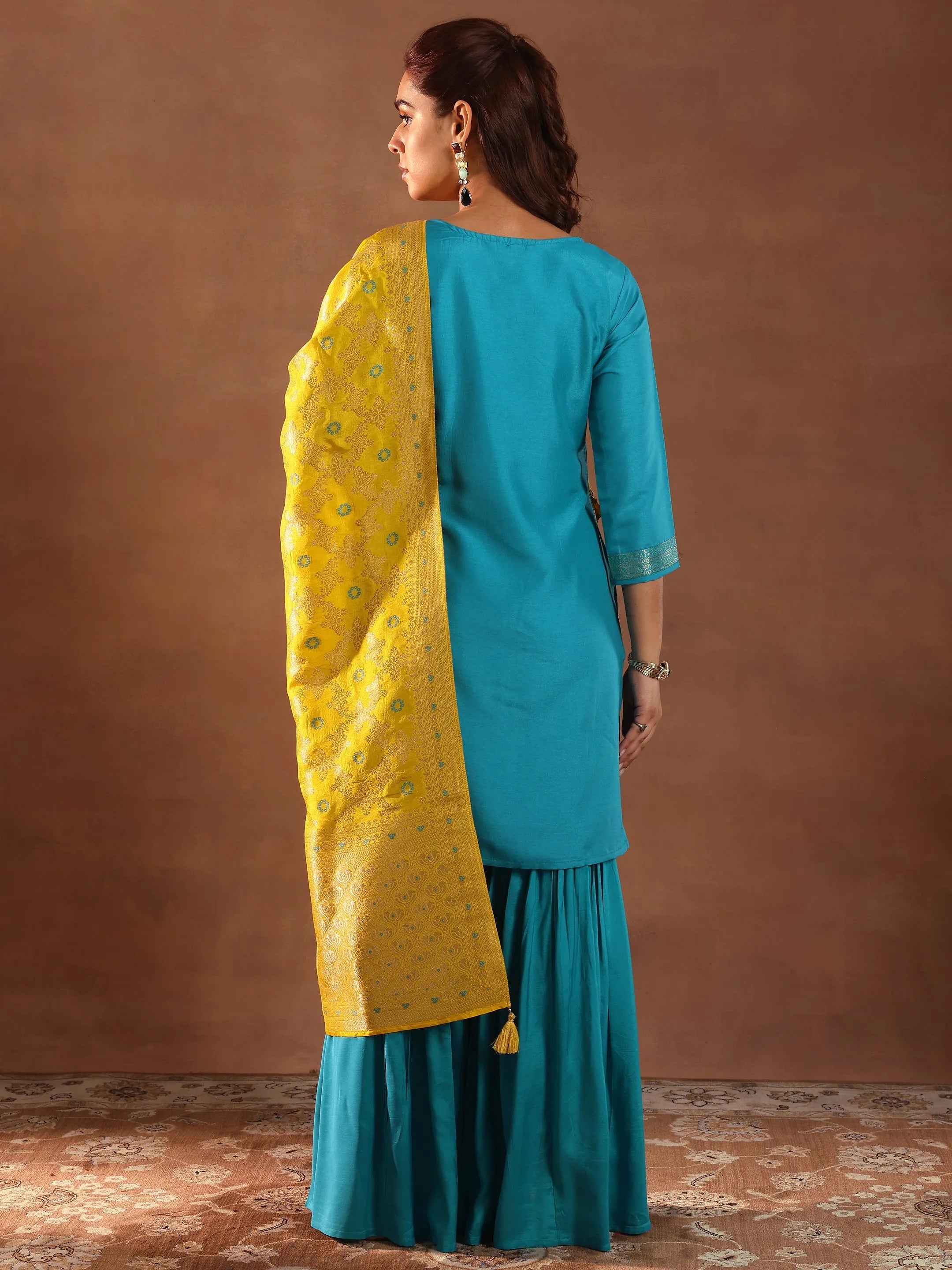 Green Woven Design Silk Blend Straight Suit With Dupatta
