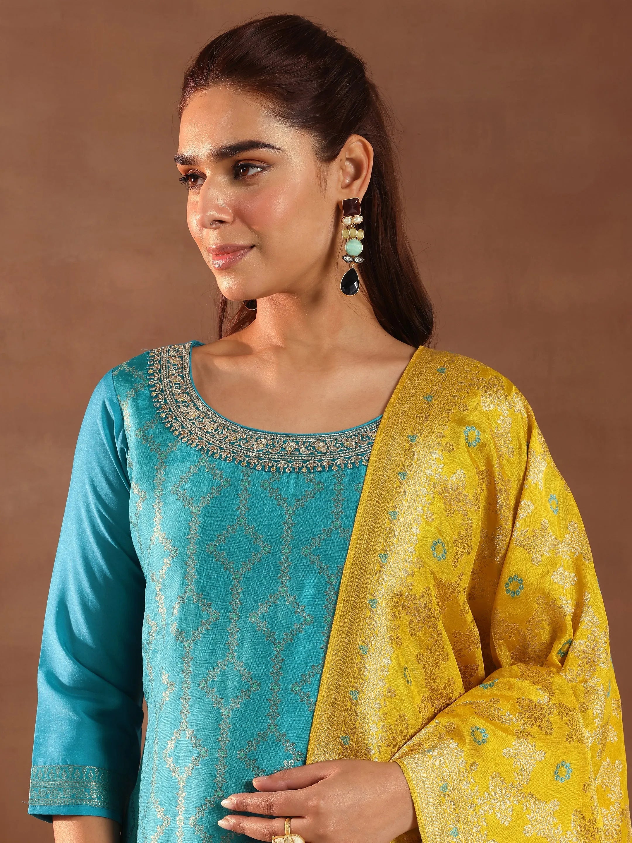 Green Woven Design Silk Blend Straight Suit With Dupatta