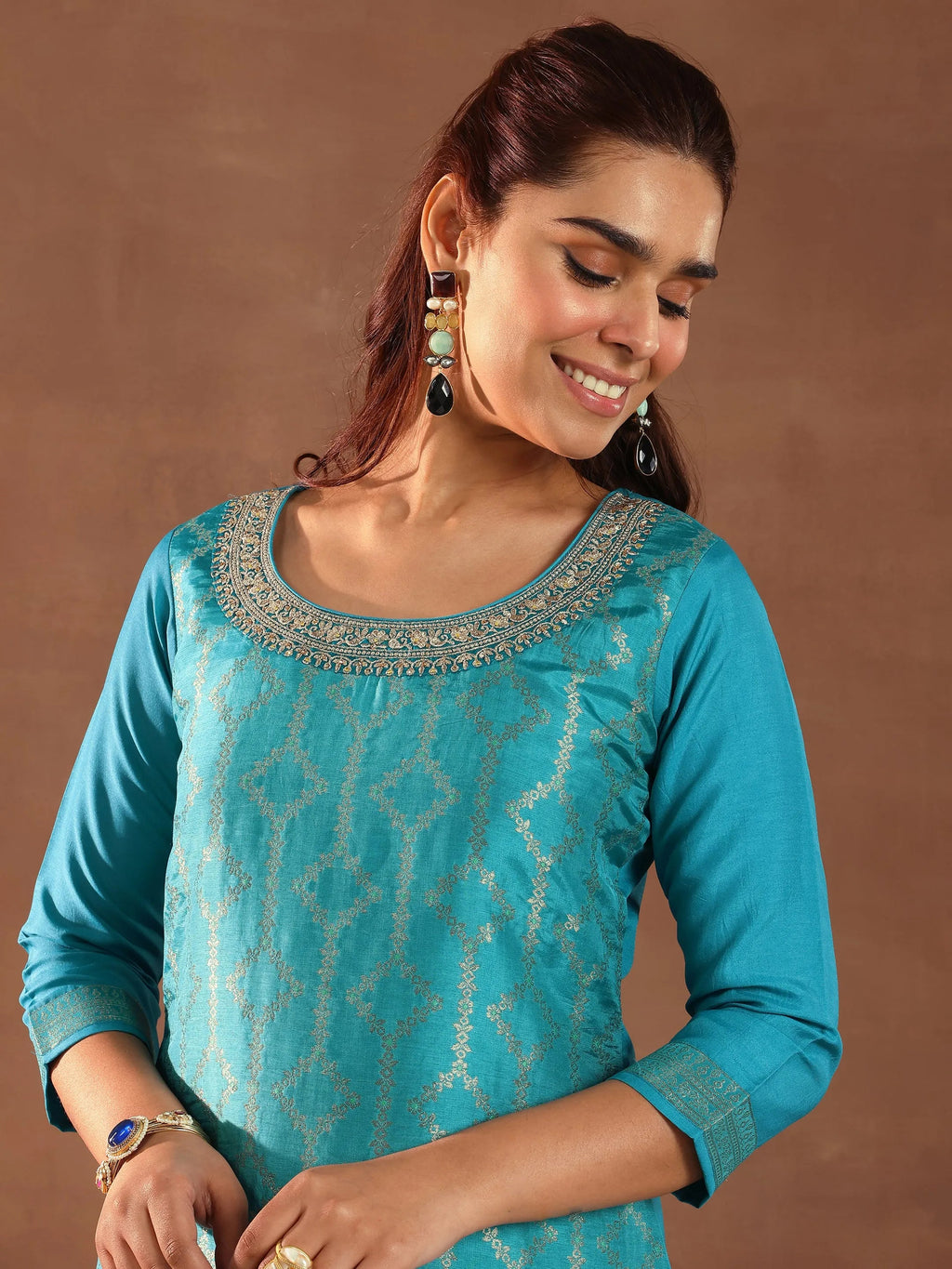 Green Woven Design Silk Blend Straight Suit With Dupatta