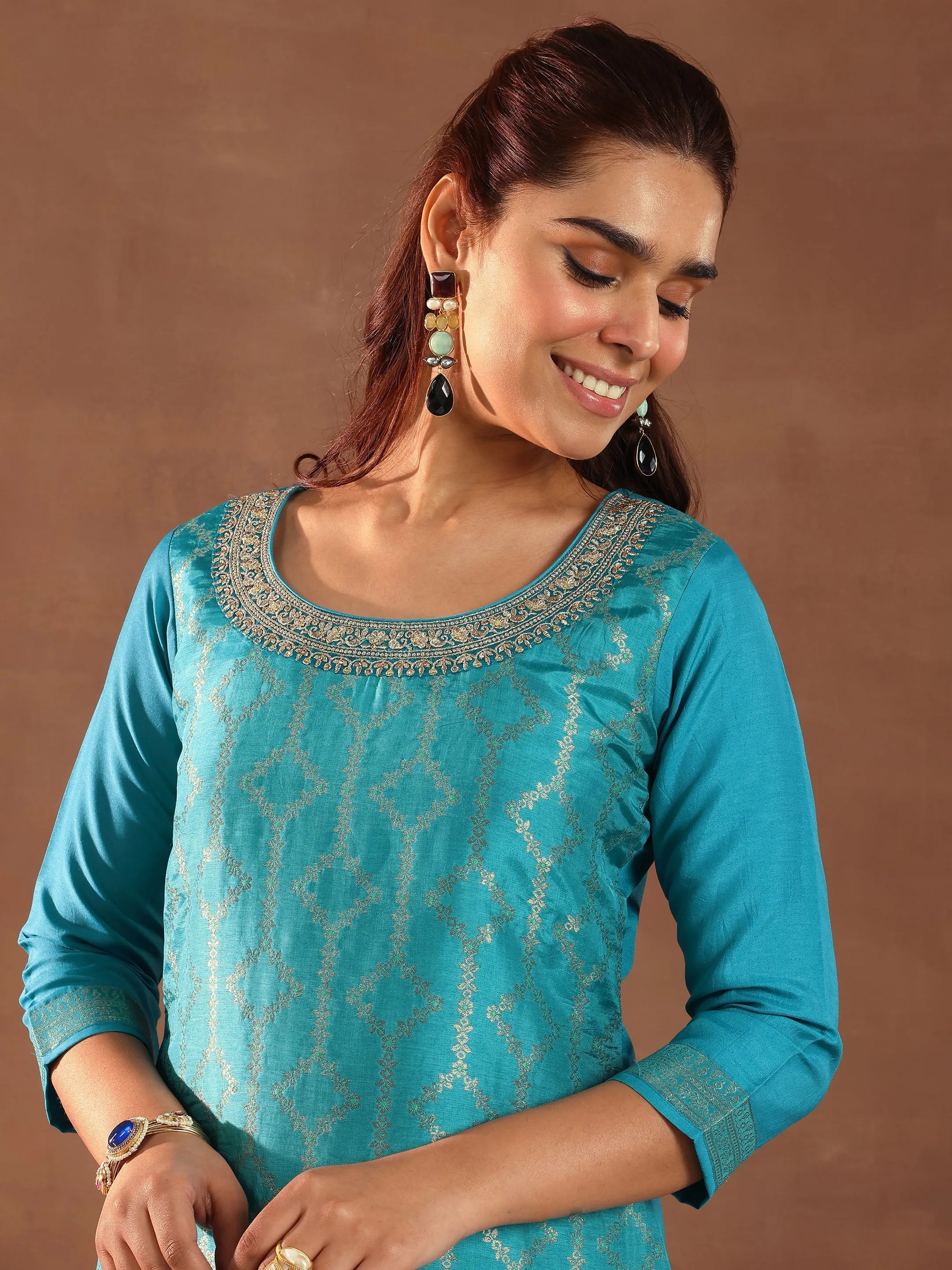 Green Woven Design Silk Blend Straight Suit With Dupatta