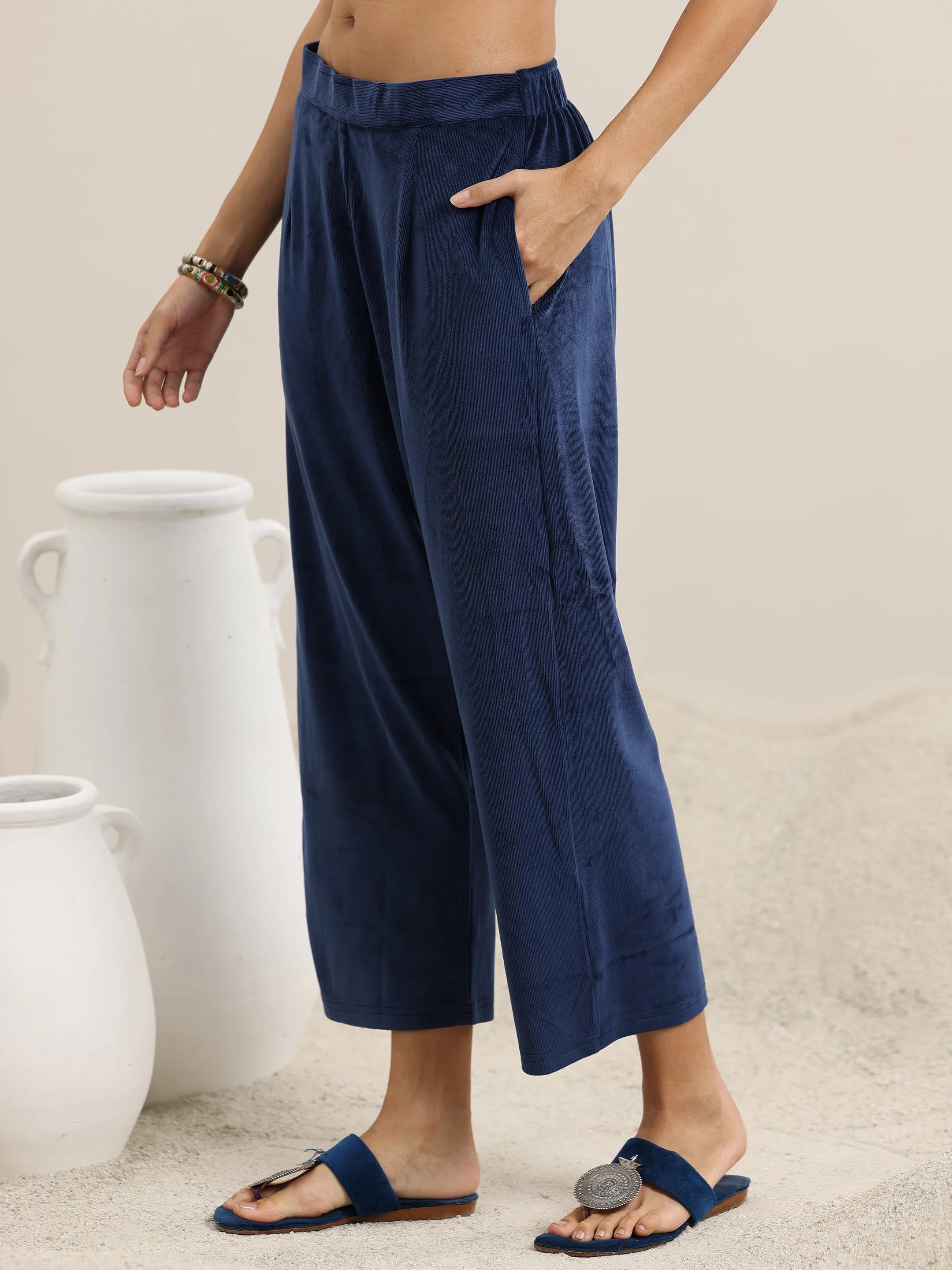 Blue Solid Velvet 3 Piece Co-Ords