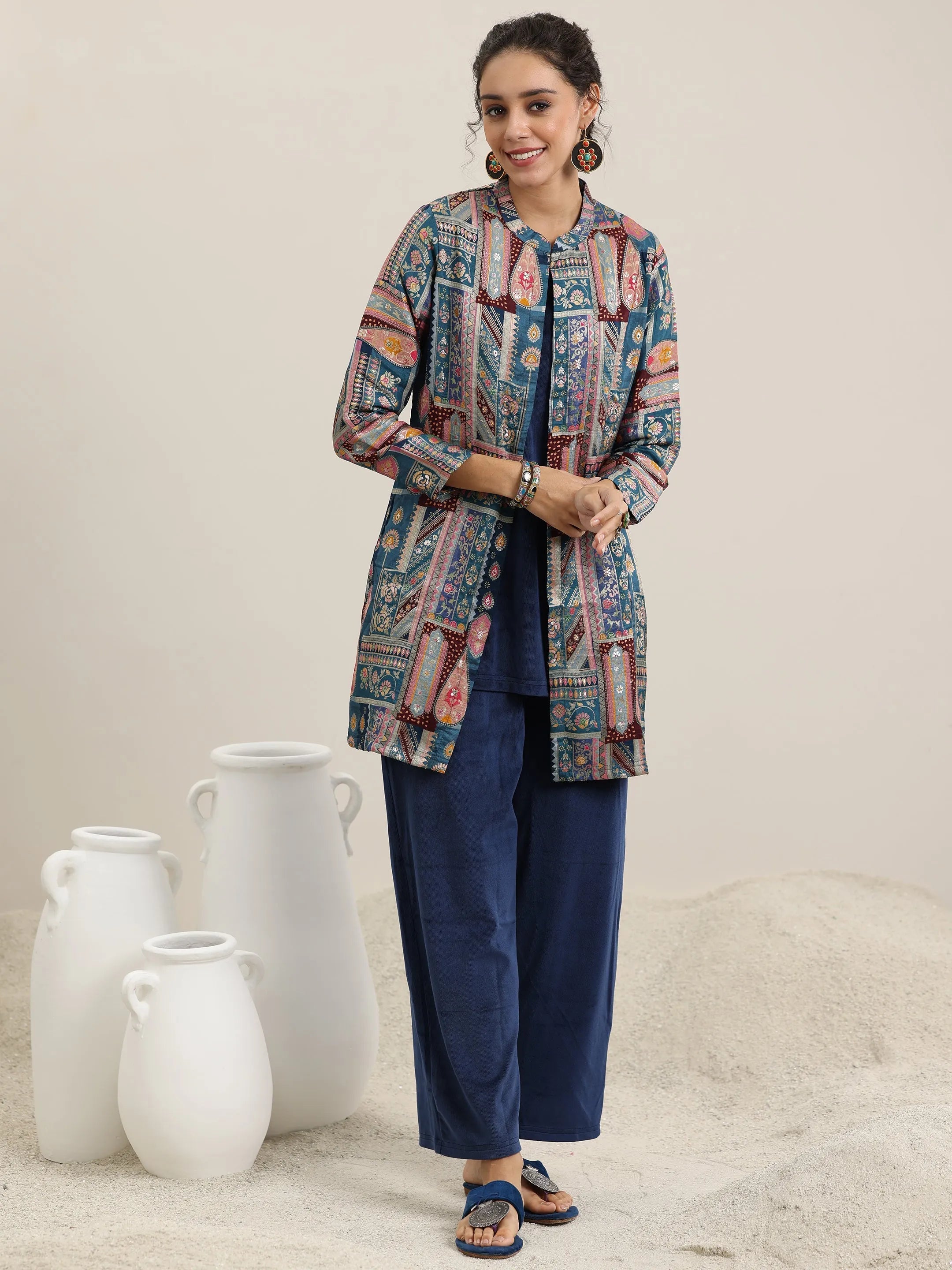 Blue Solid Velvet 3 Piece Co-Ords