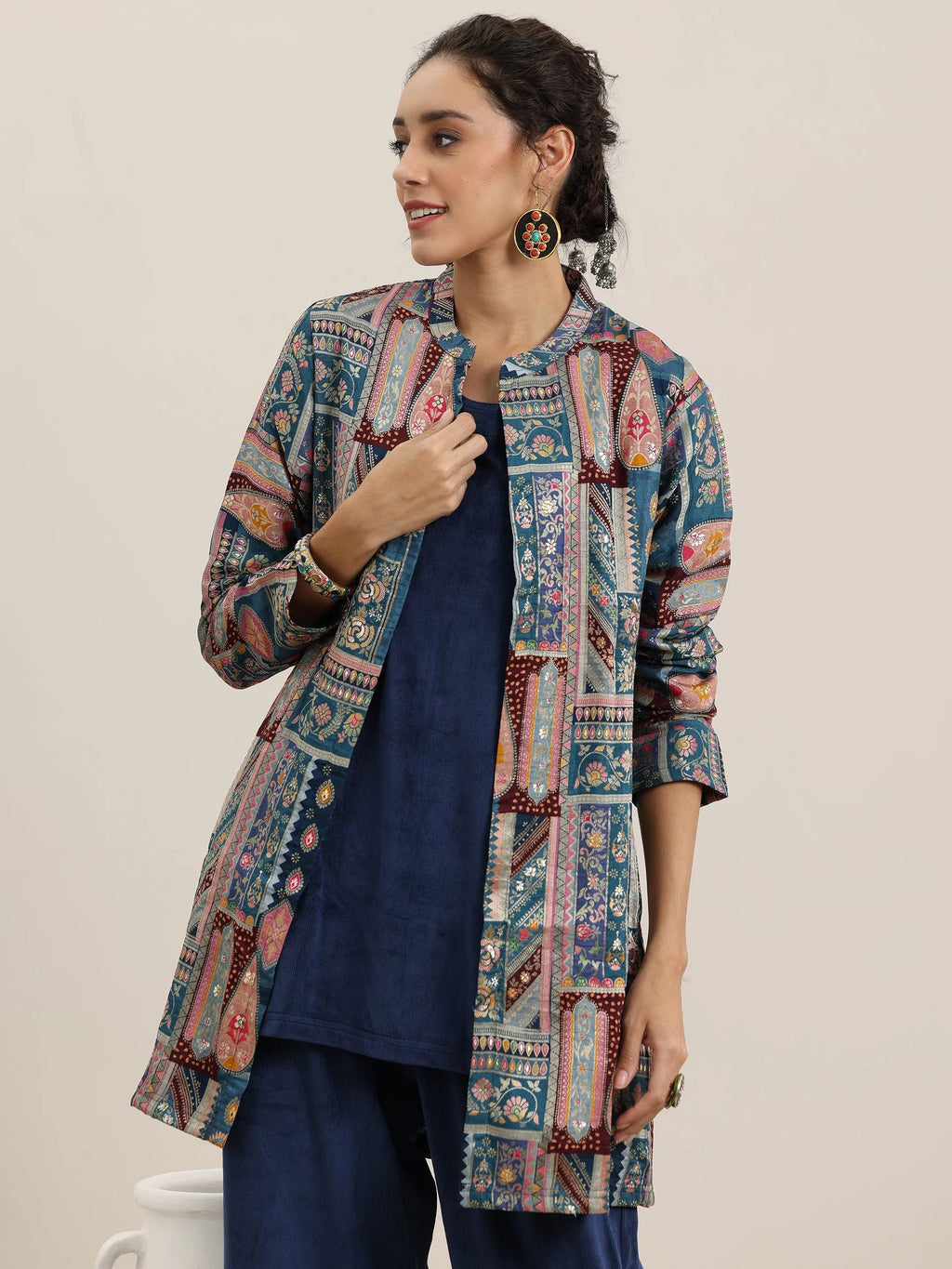 Blue Solid Velvet 3 Piece Co-Ords