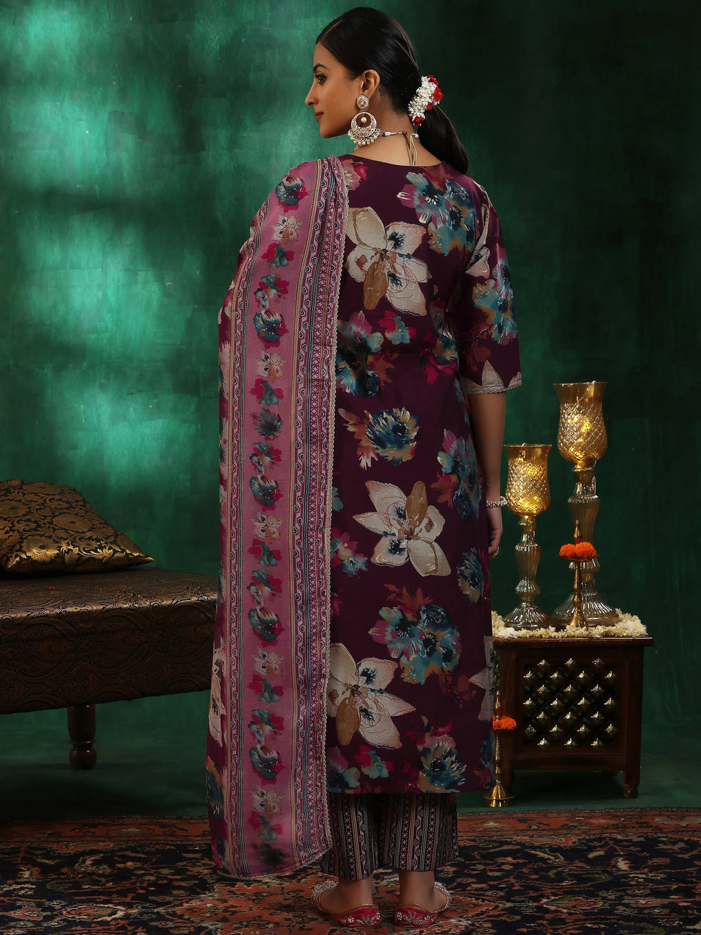 Burgundy Printed Silk Blend Straight Suit With Dupatta