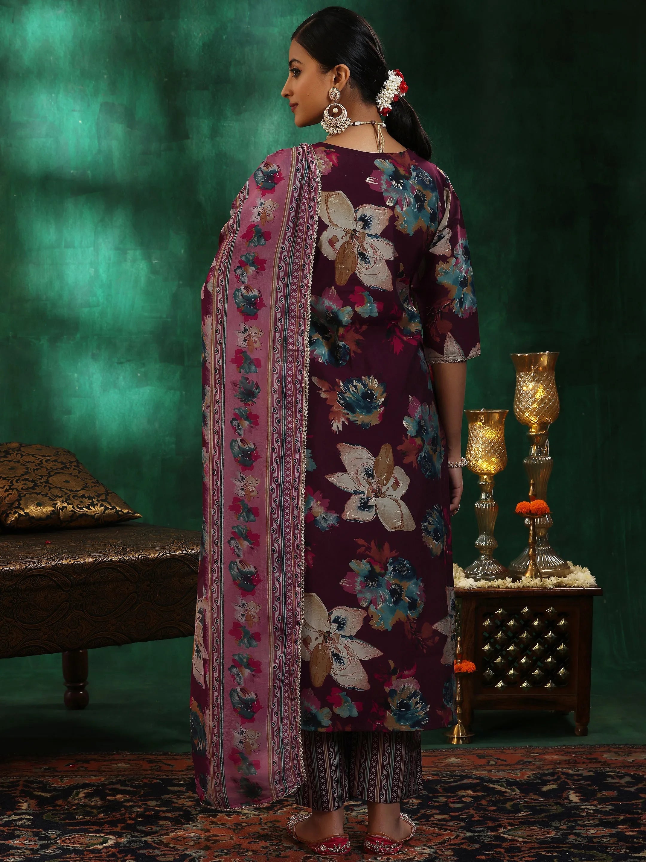 Burgundy Printed Silk Blend Straight Suit With Dupatta