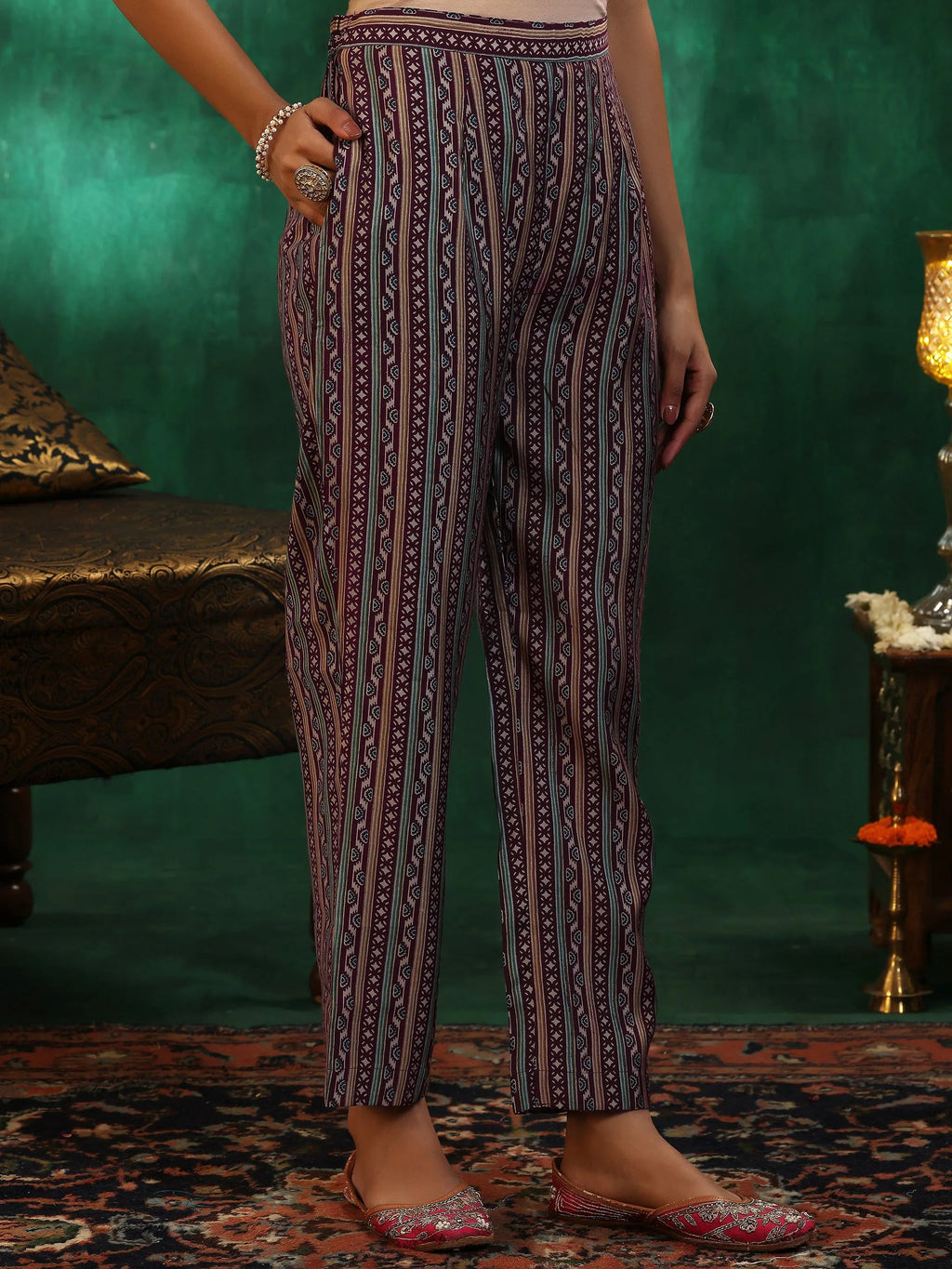 Burgundy Printed Silk Blend Straight Suit With Dupatta