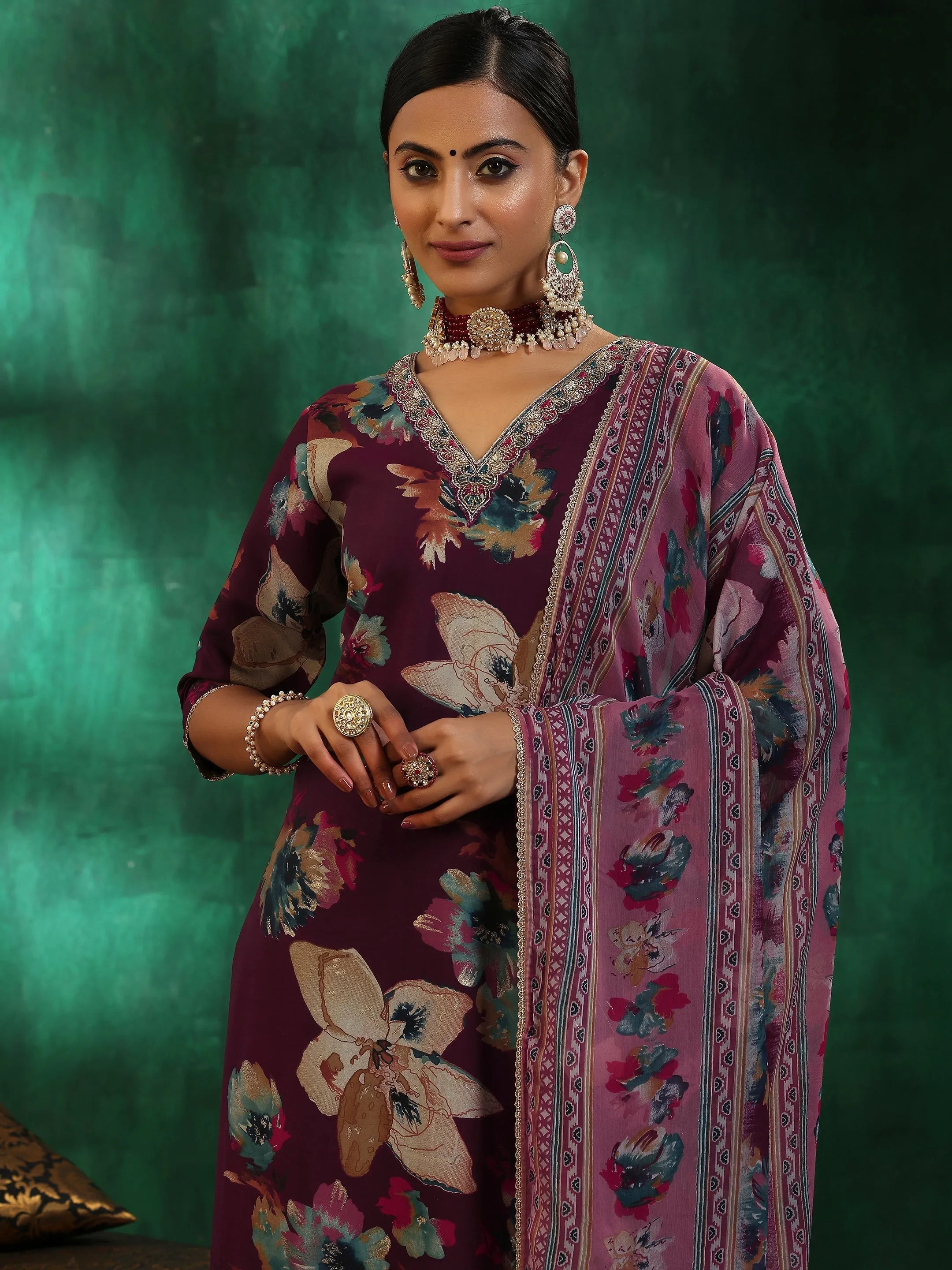 Burgundy Printed Silk Blend Straight Suit With Dupatta