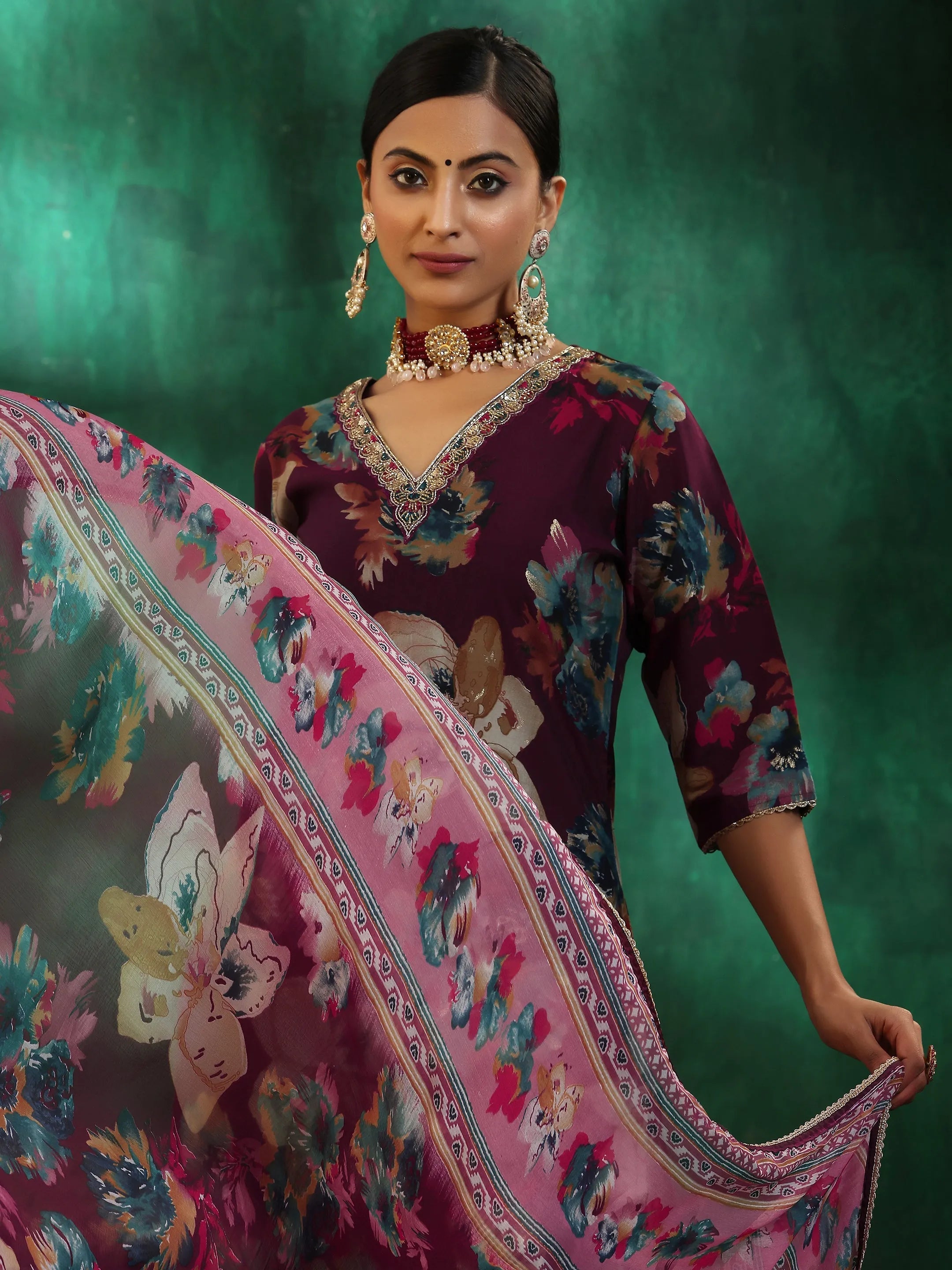 Burgundy Printed Silk Blend Straight Suit With Dupatta