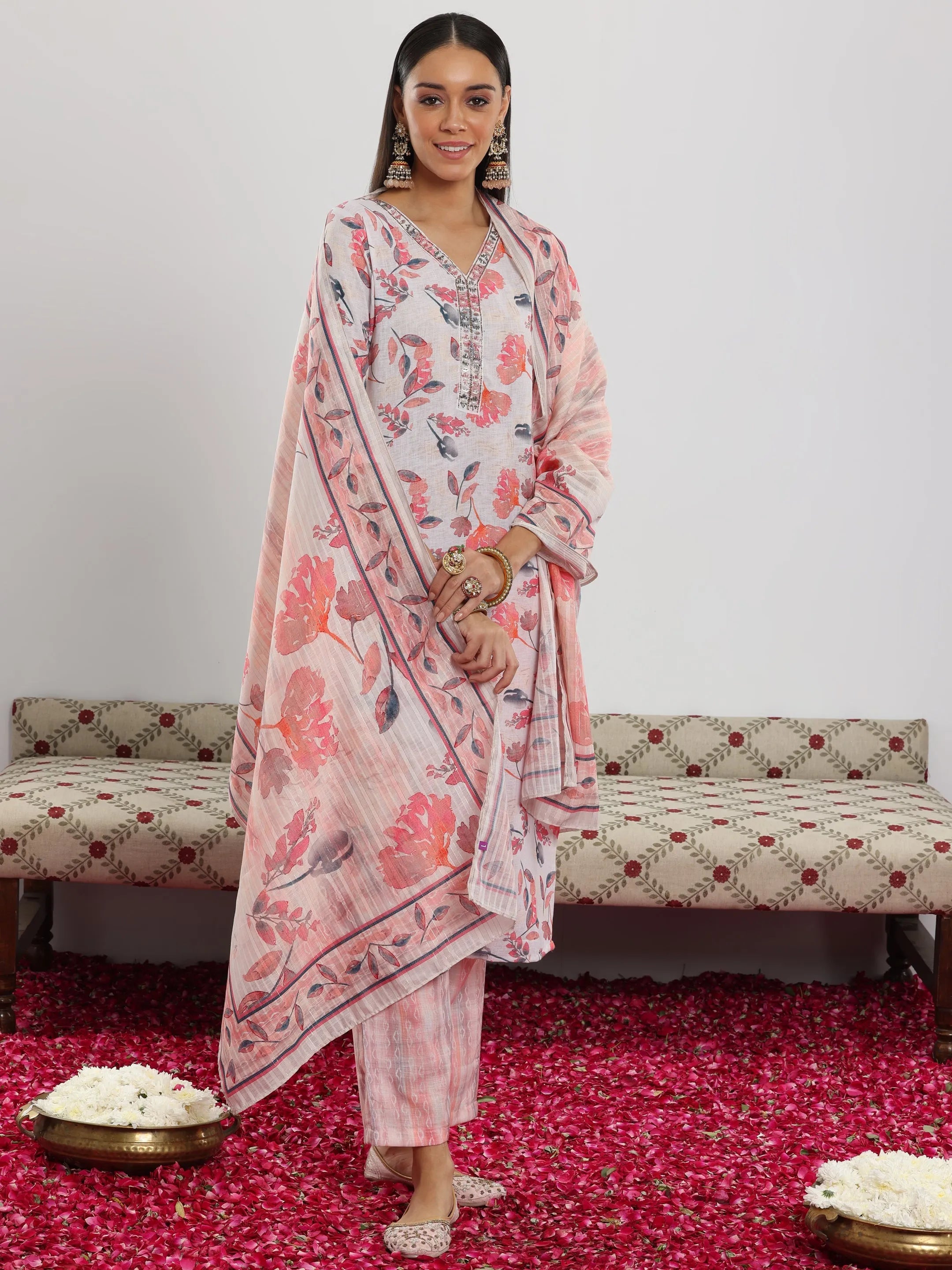 Off White Printed Cotton Blend Straight Suit With Dupatta