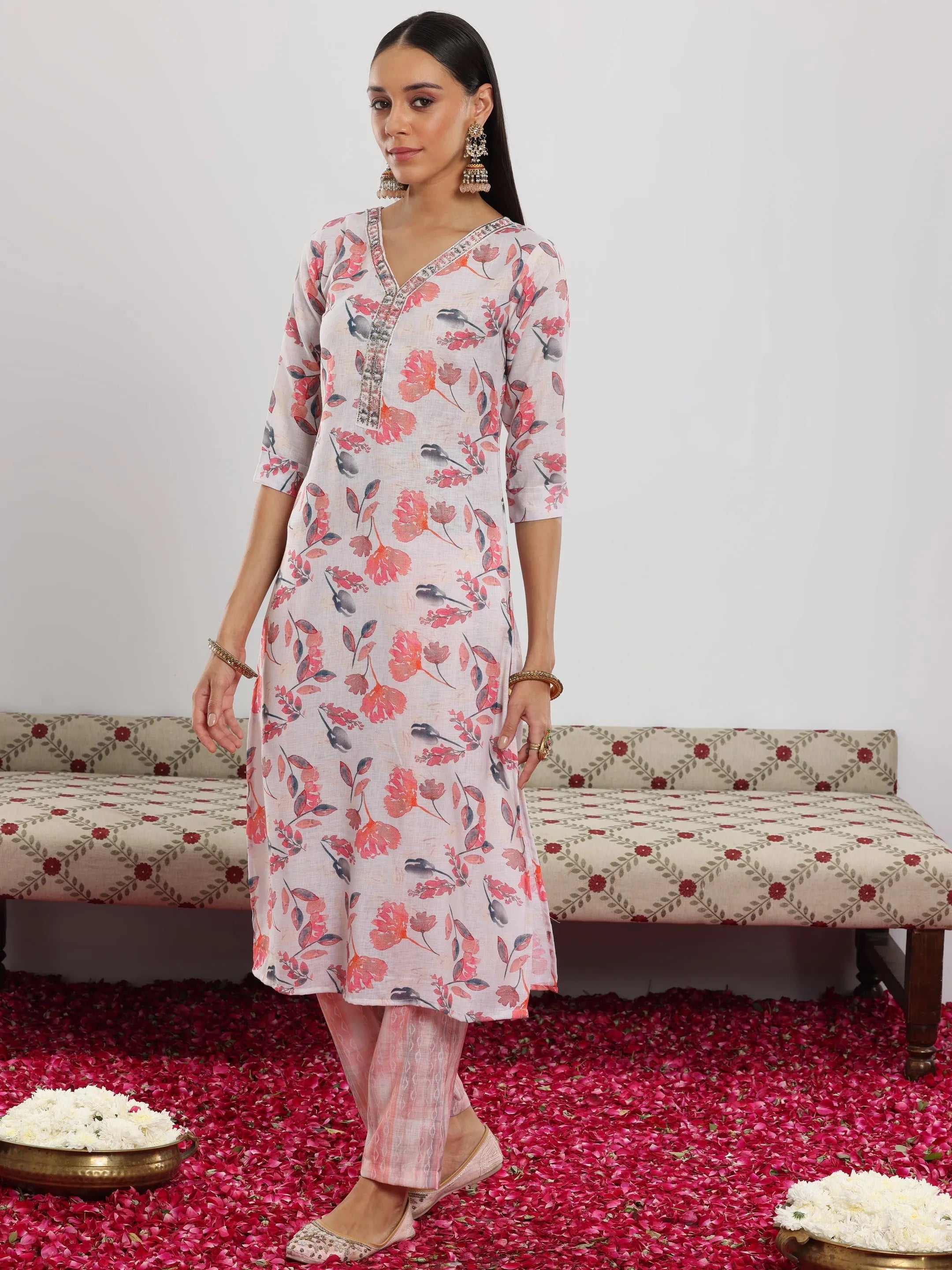 Off White Printed Cotton Blend Straight Suit With Dupatta