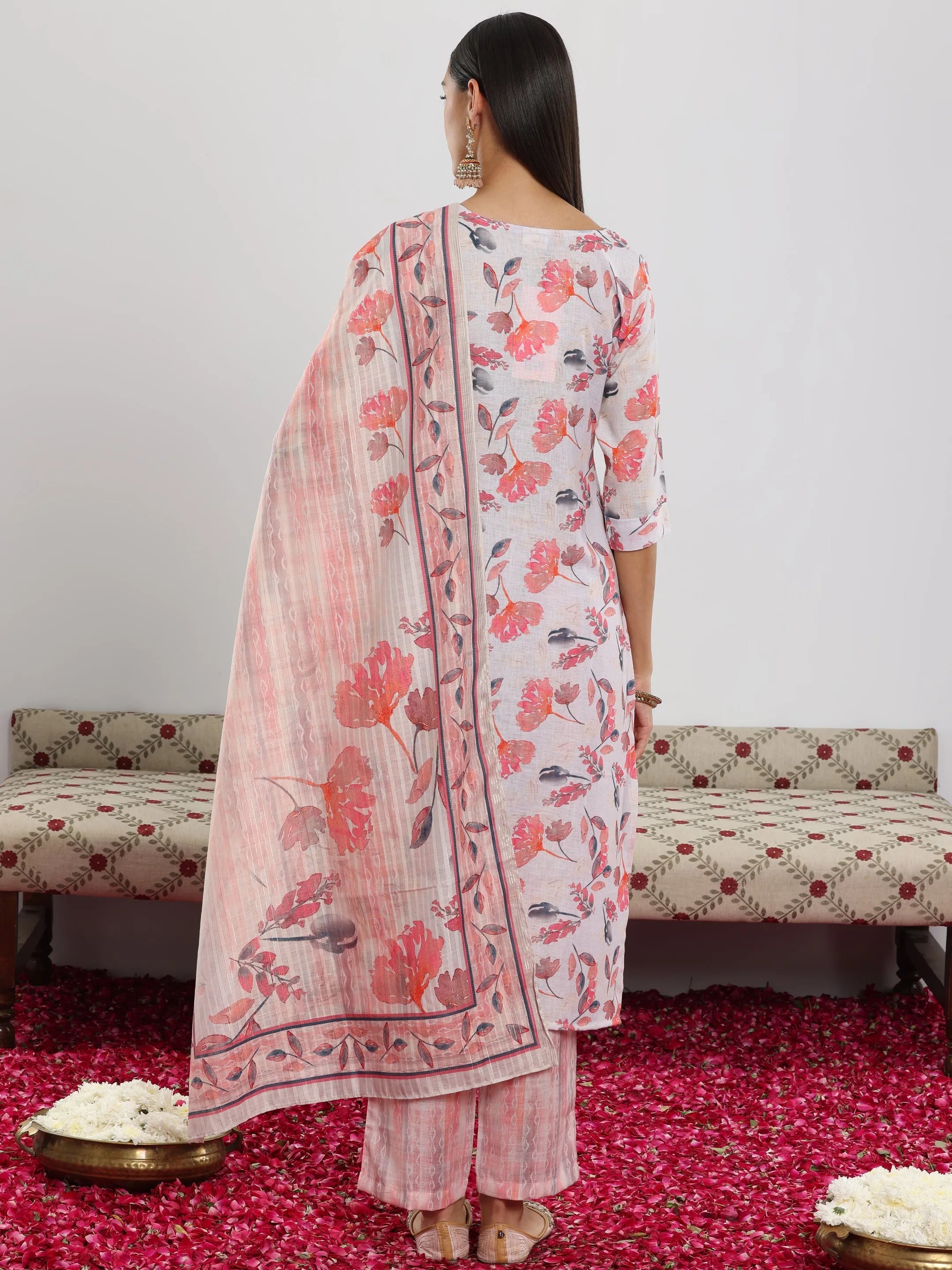 Off White Printed Cotton Blend Straight Suit With Dupatta