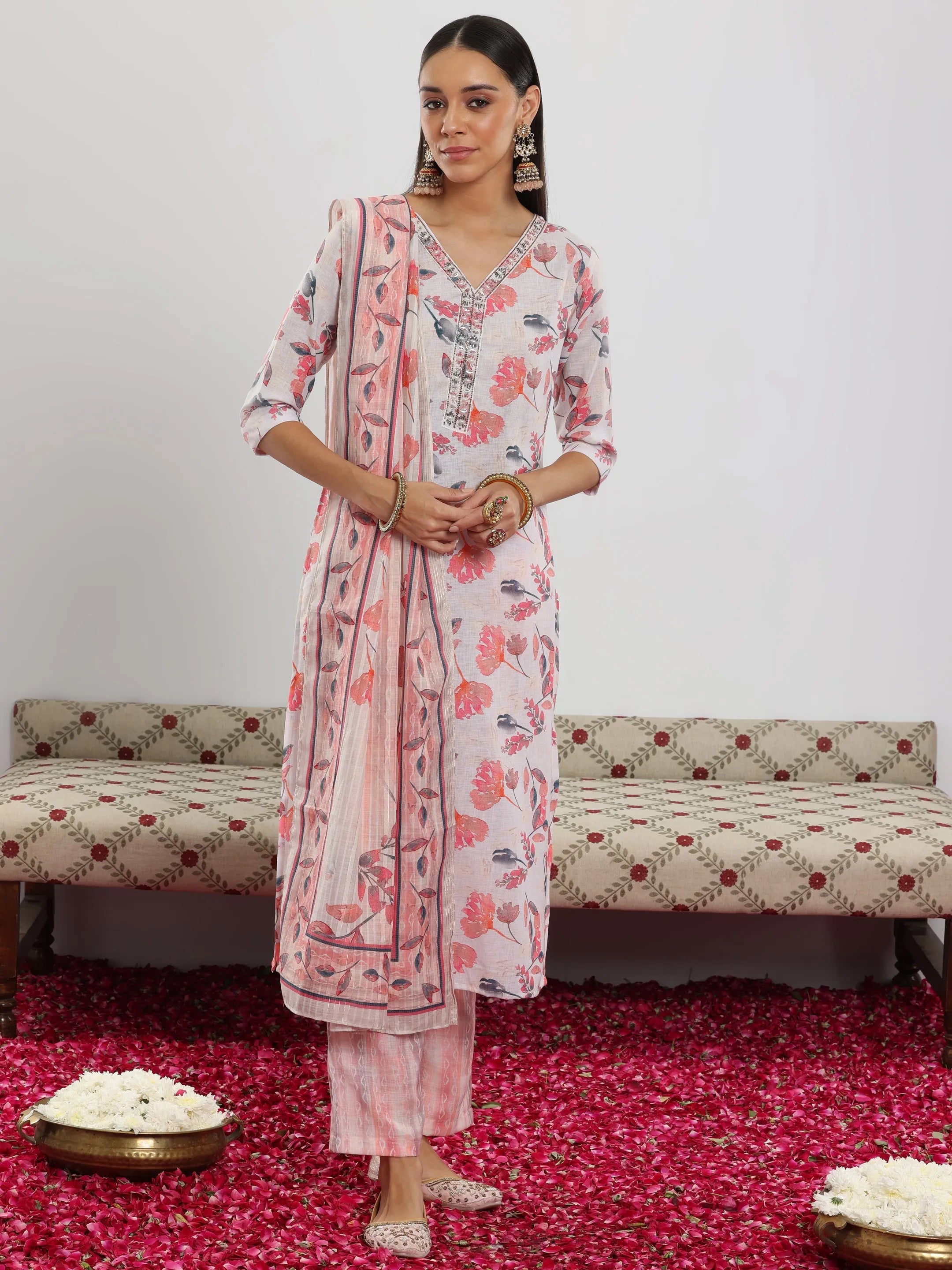 Off White Printed Cotton Blend Straight Suit With Dupatta