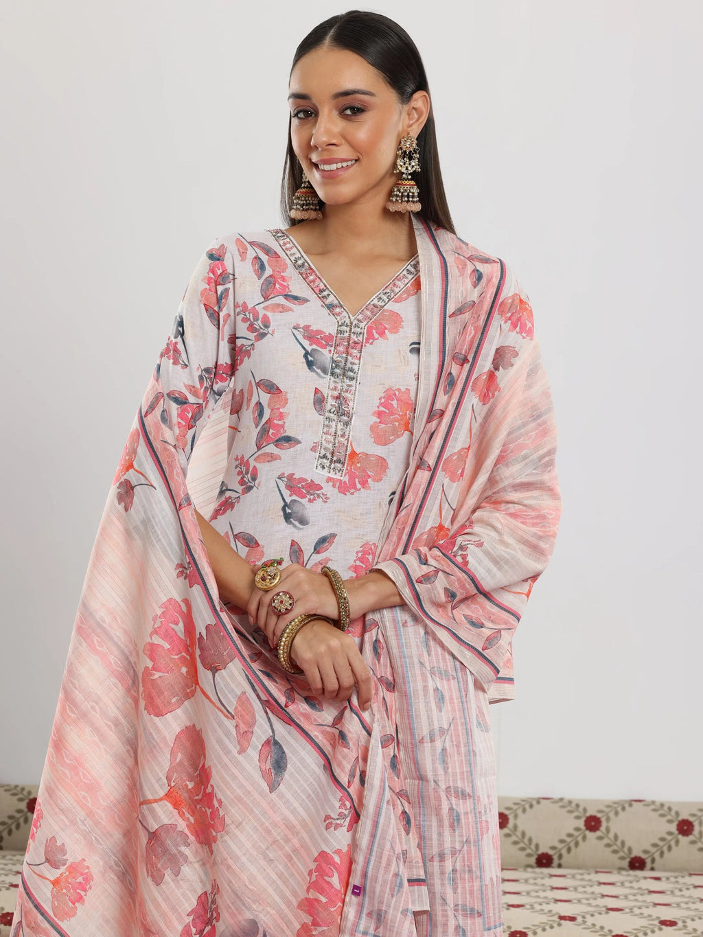 Off White Printed Cotton Blend Straight Suit With Dupatta