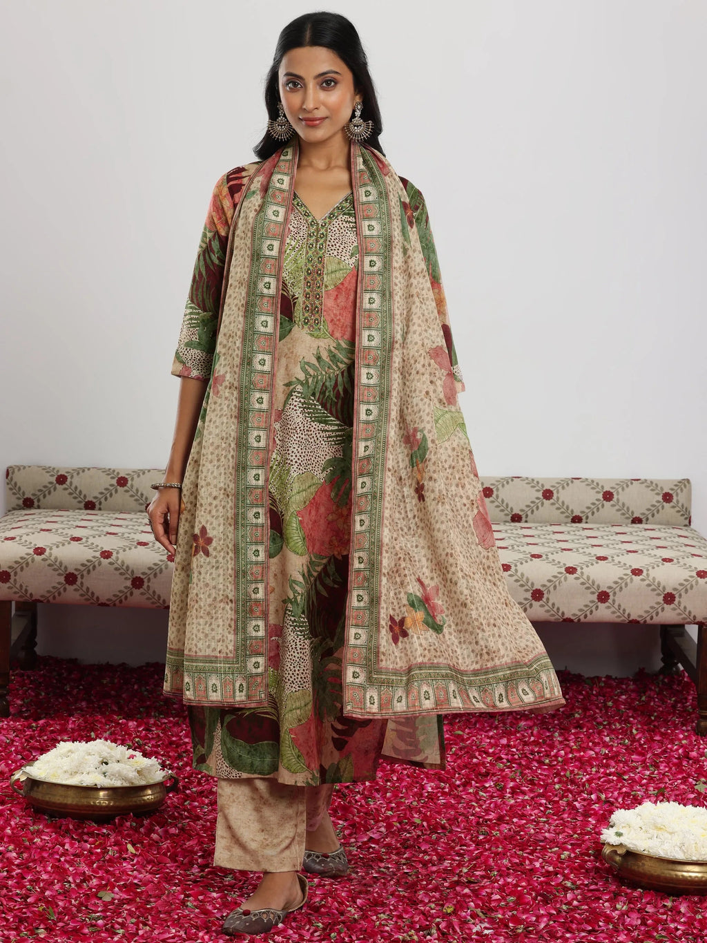 Multi Printed Cotton Blend Straight Suit With Dupatta