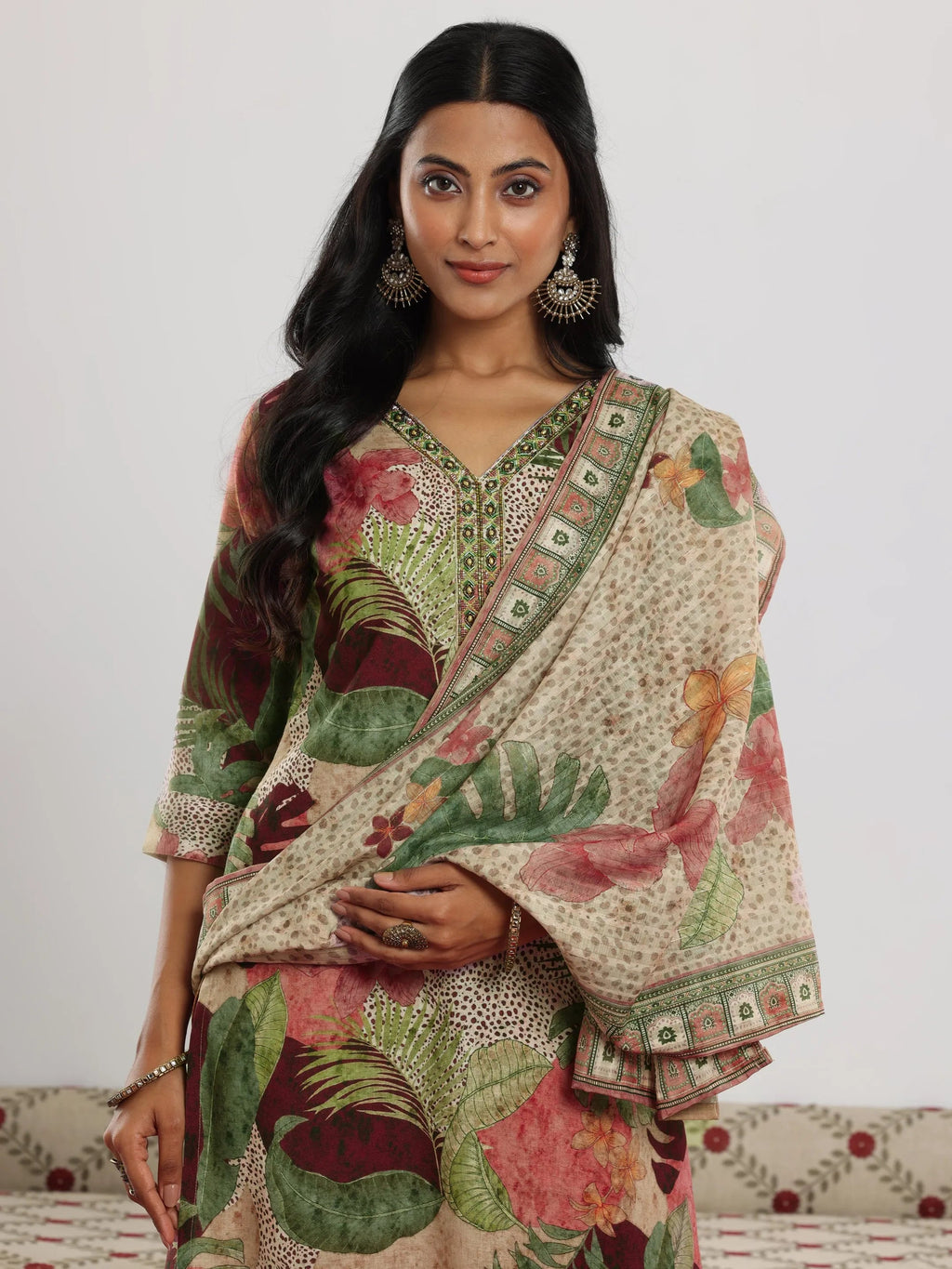 Multi Printed Cotton Blend Straight Suit With Dupatta