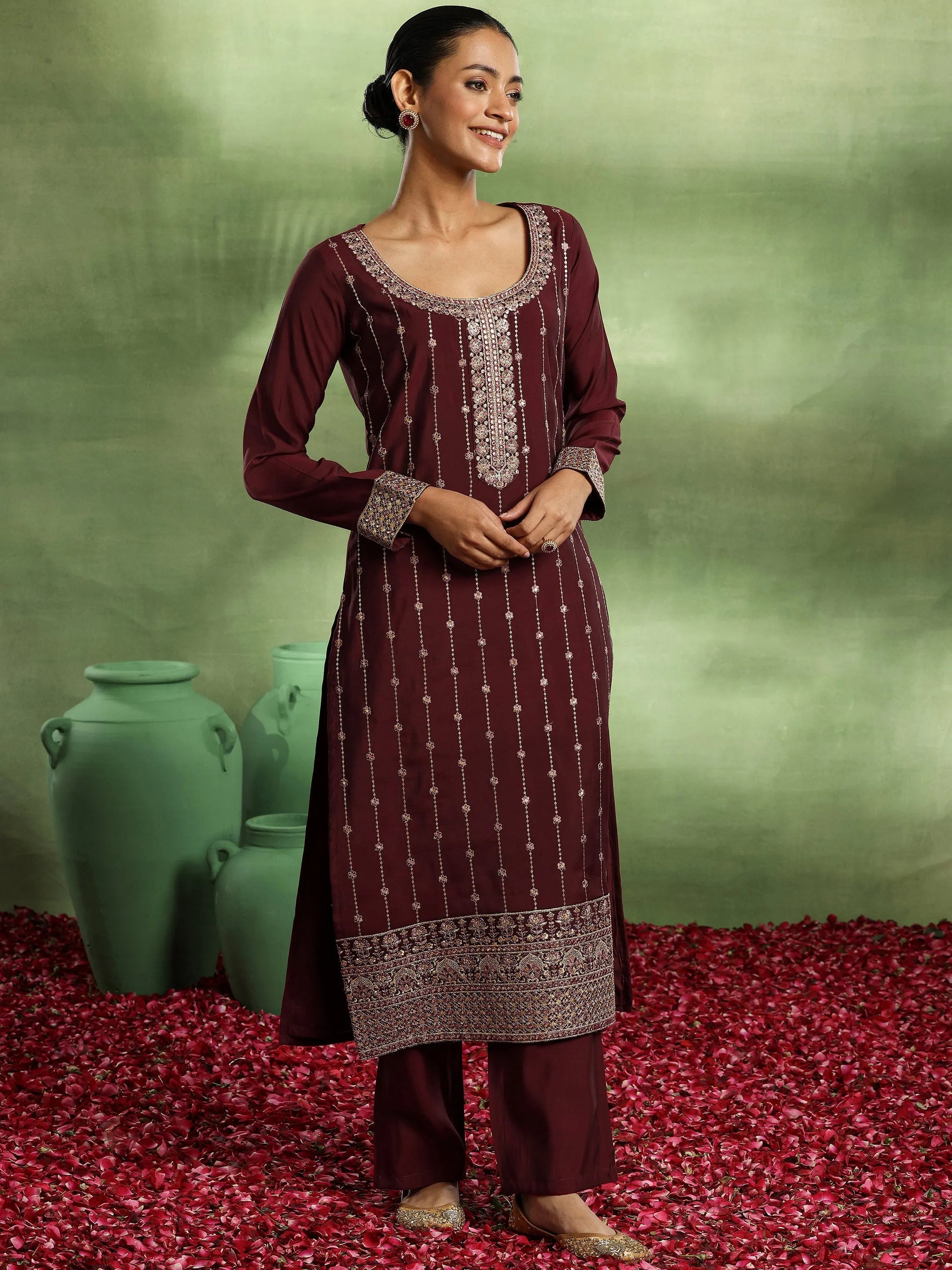 Maroon Embroidered Silk Blend Straight Suit With Dupatta