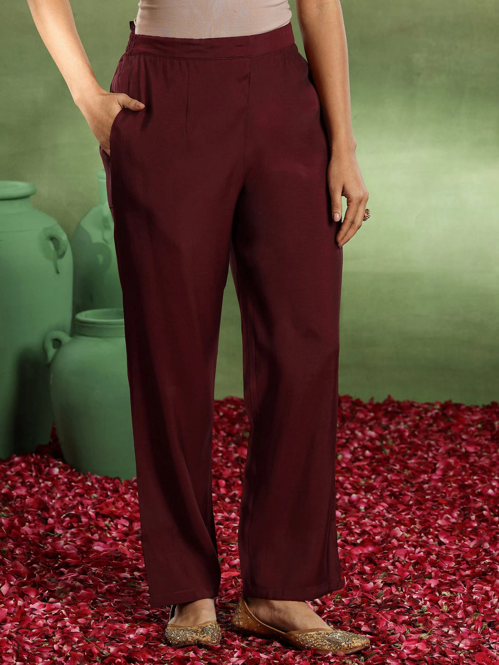 Maroon Embroidered Silk Blend Straight Suit With Dupatta
