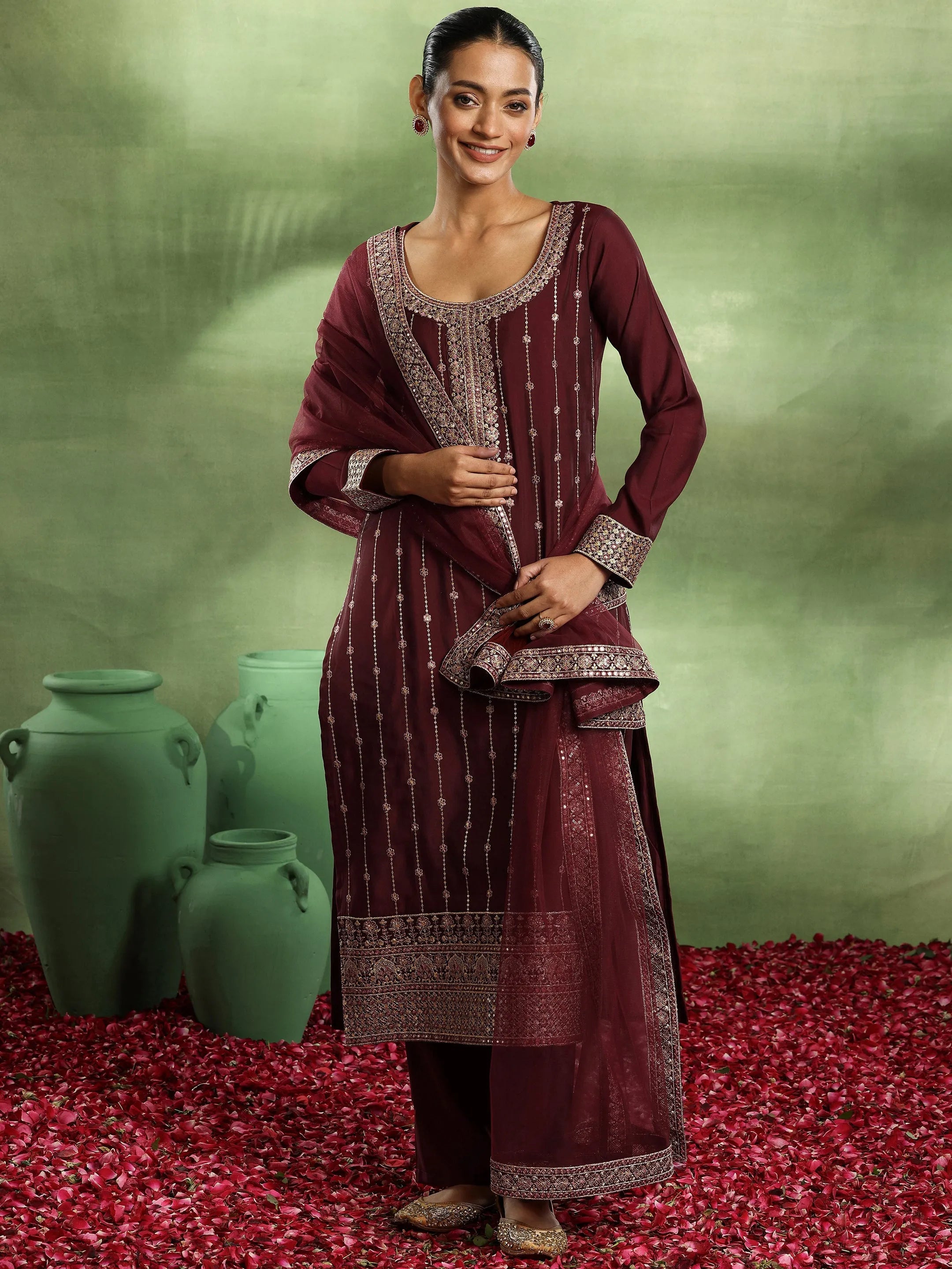 Maroon Embroidered Silk Blend Straight Suit With Dupatta