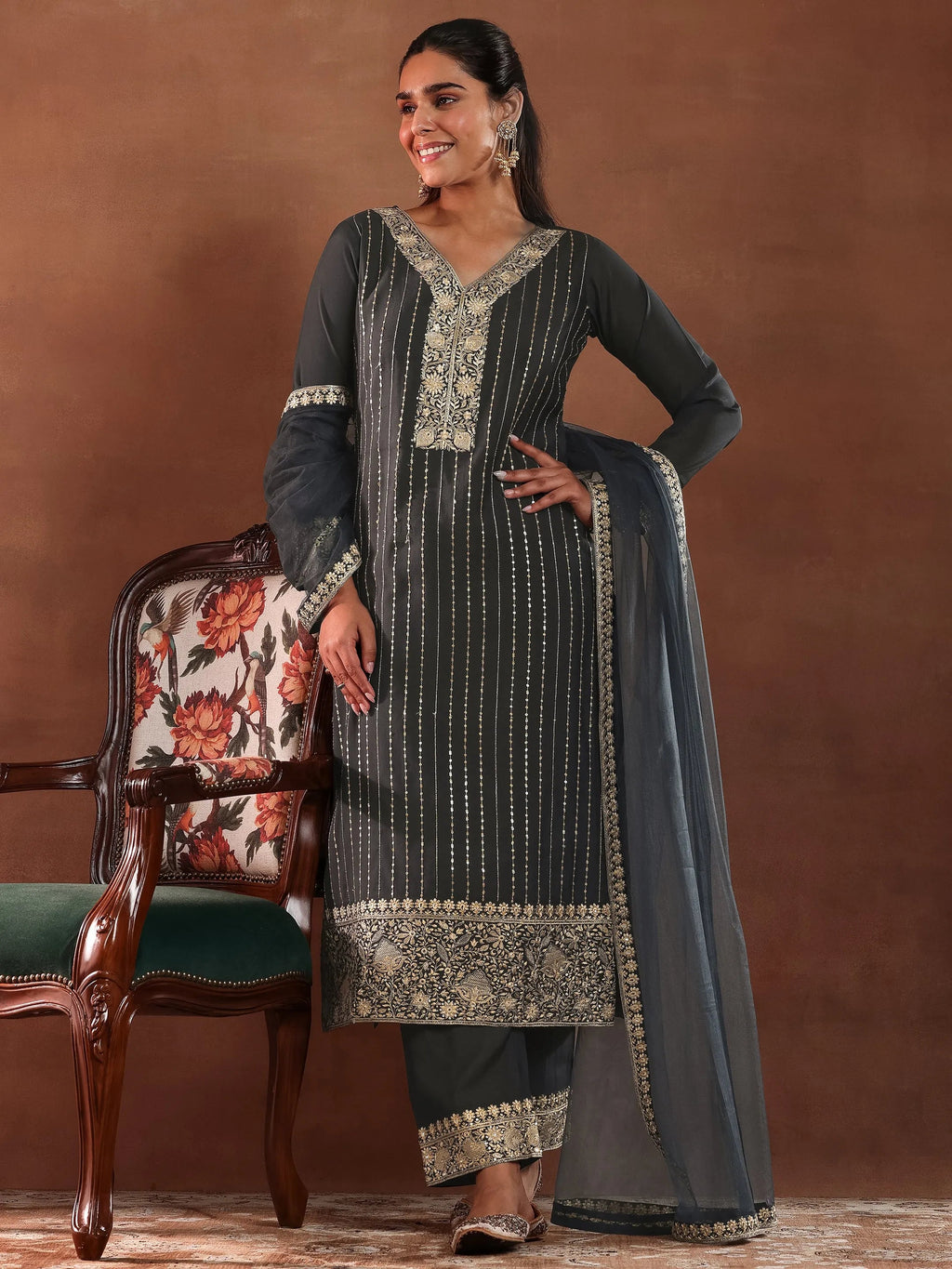 Grey Embroidered Silk Blend Straight Suit With Dupatta
