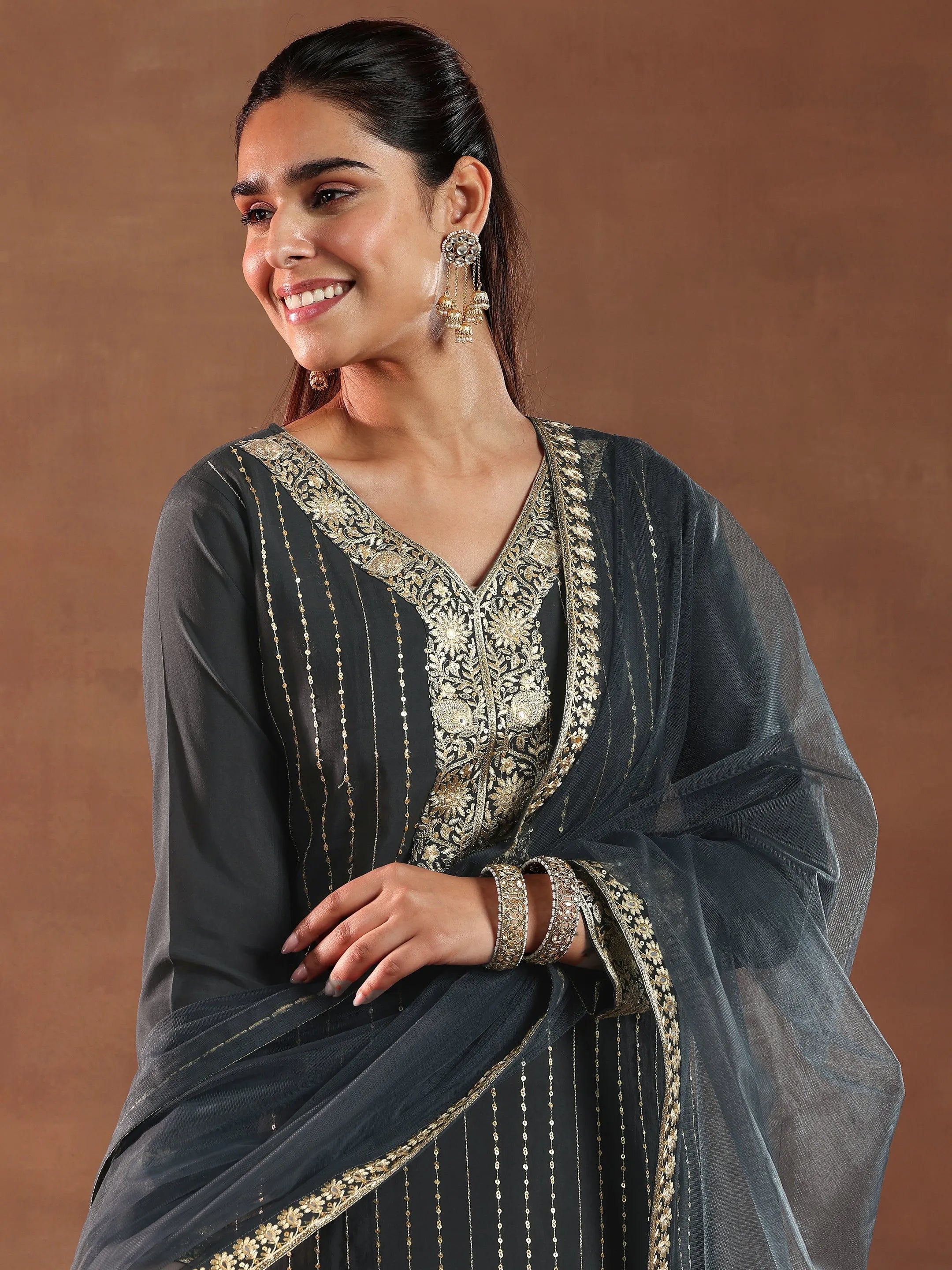 Grey Embroidered Silk Blend Straight Suit With Dupatta
