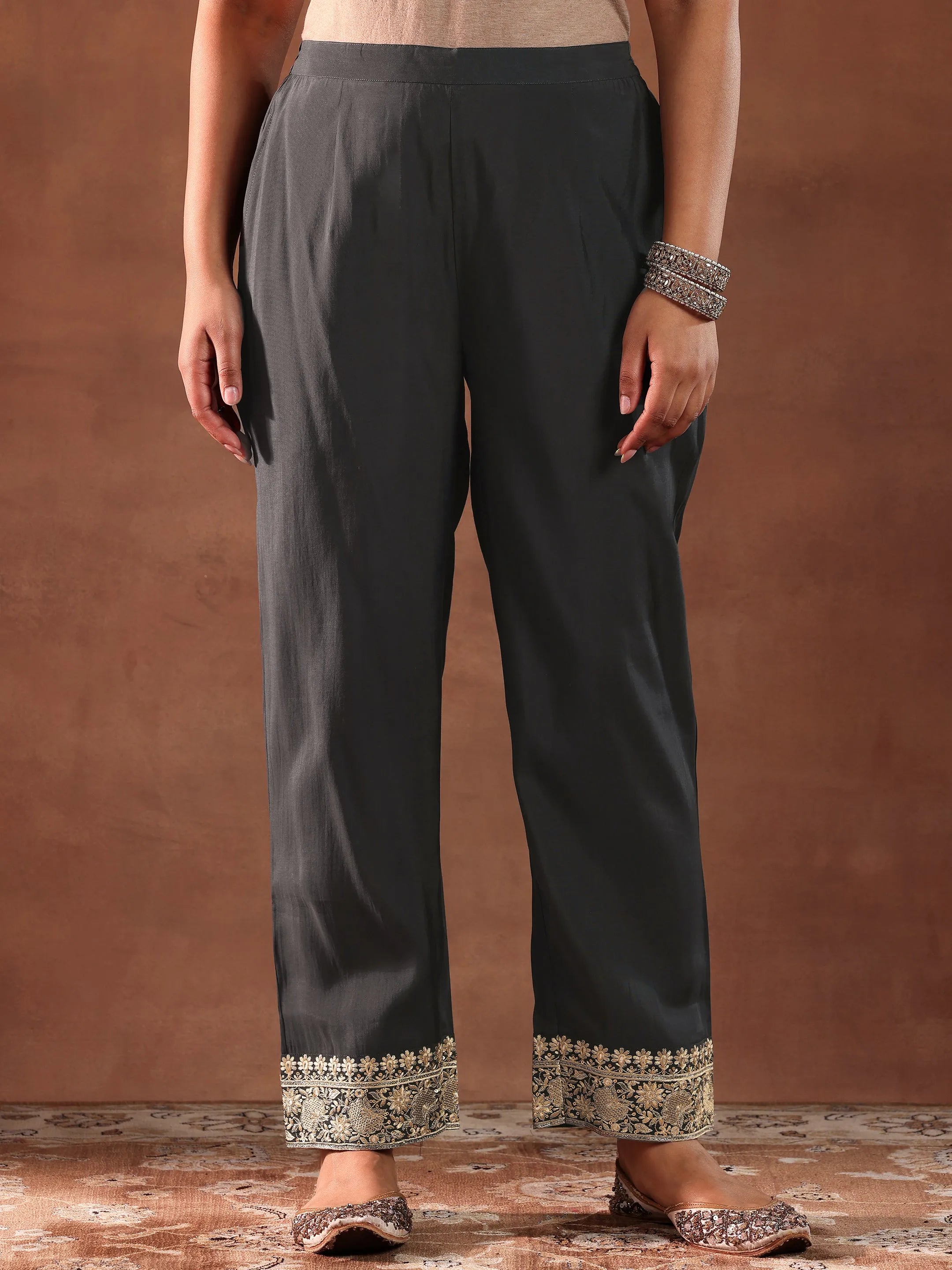 Grey Embroidered Silk Blend Straight Suit With Dupatta